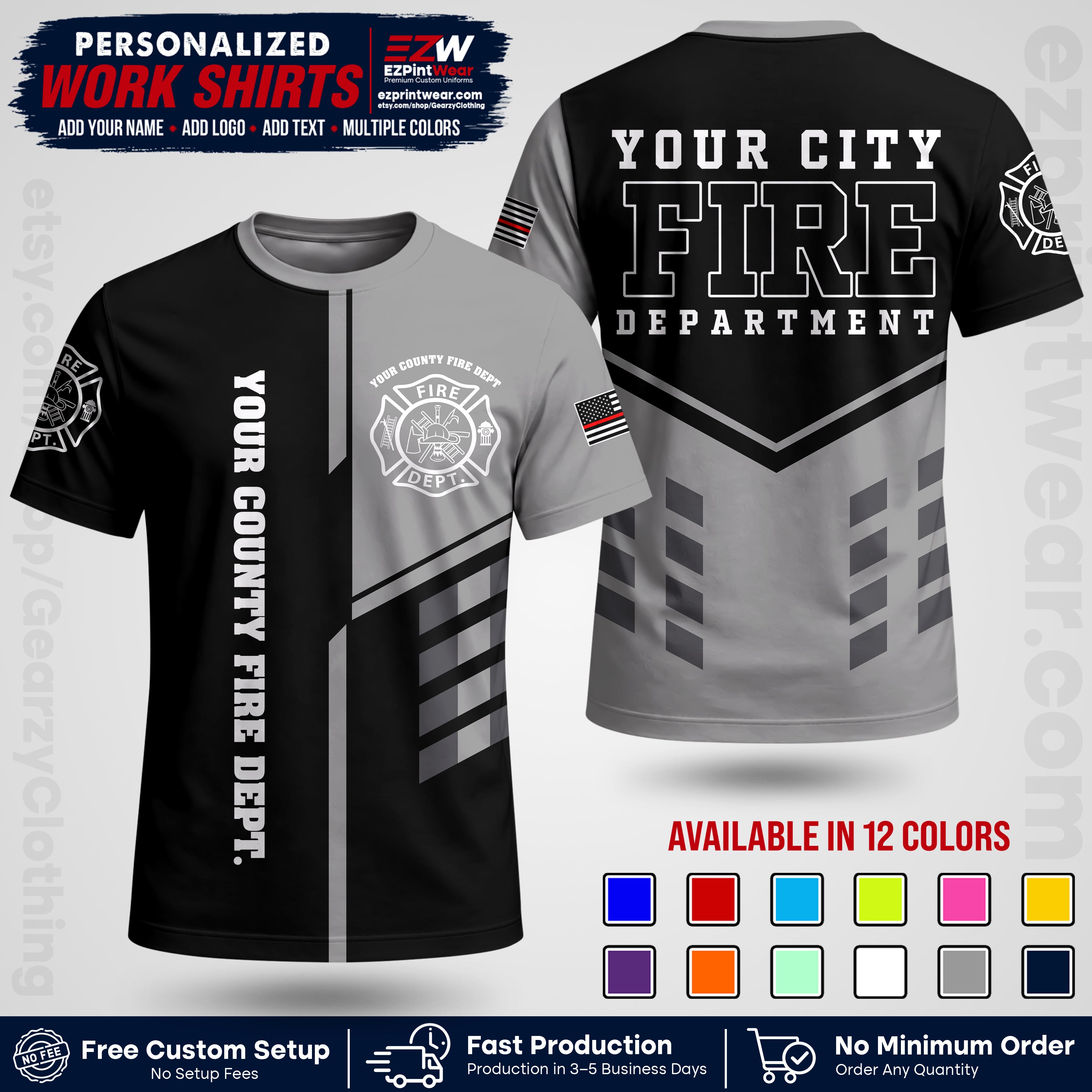 Custom Fire Department Shirt with Name, City Logo & Text | Firefighter Uniform | Button Up Work Shirt FF03