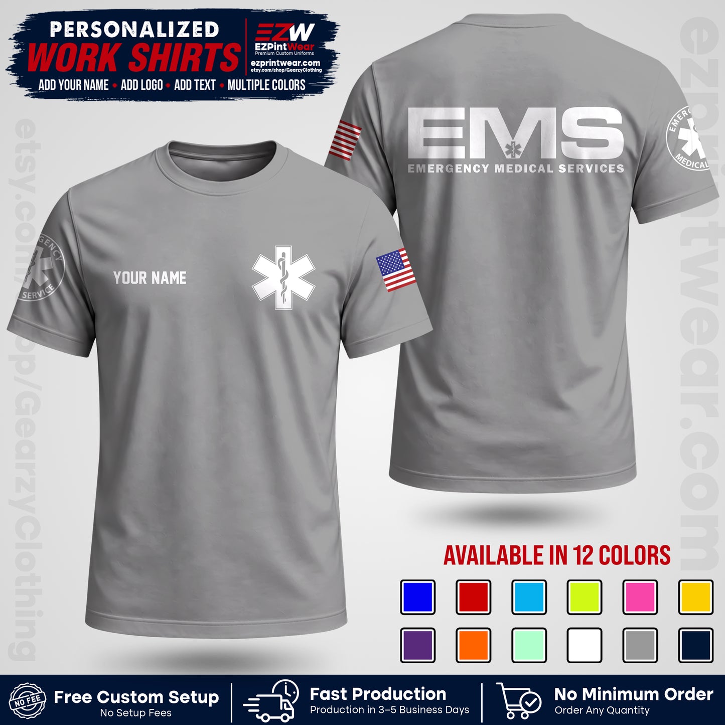 Custom EMS Shirt with Name, Logo & Text | EMS Team Uniform | First Responder Workwear EMSU01