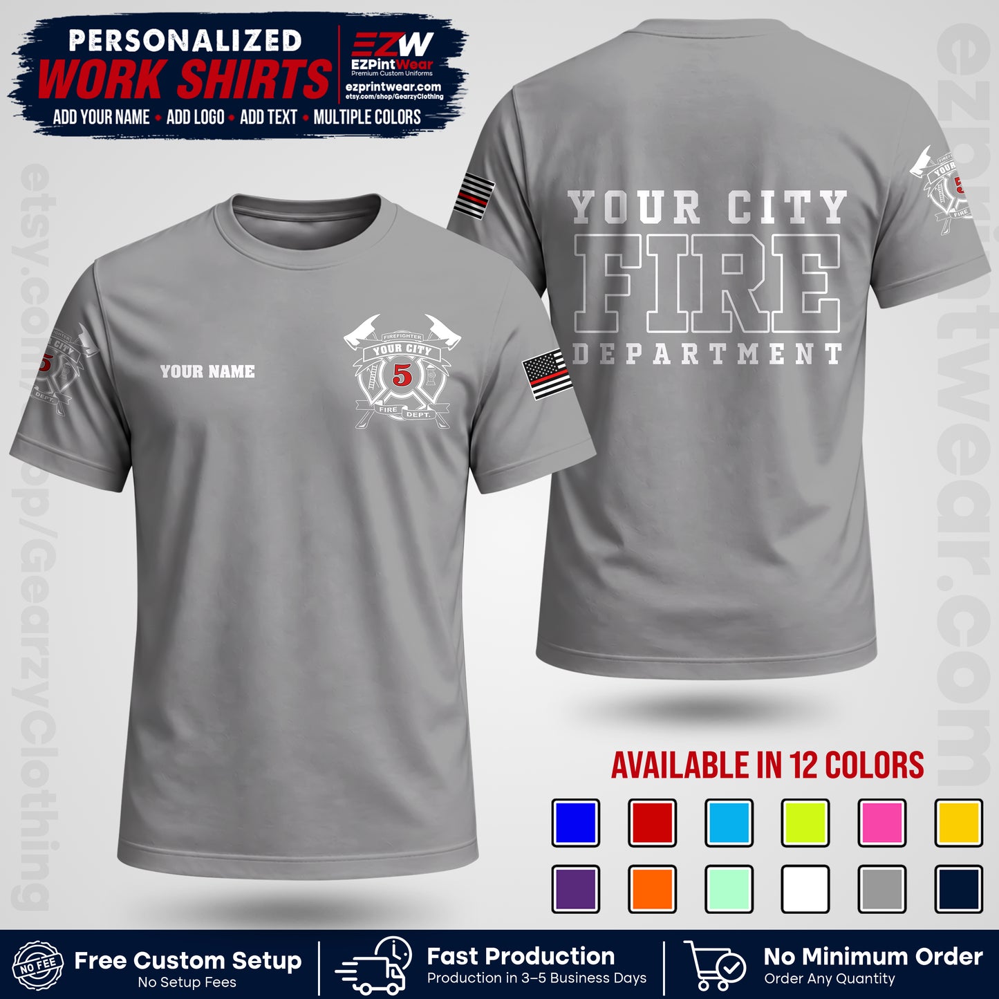 Custom Fire Department Shirt with Name, City Logo & Text | Firefighter Uniform | Button Up Work Shirt FF07