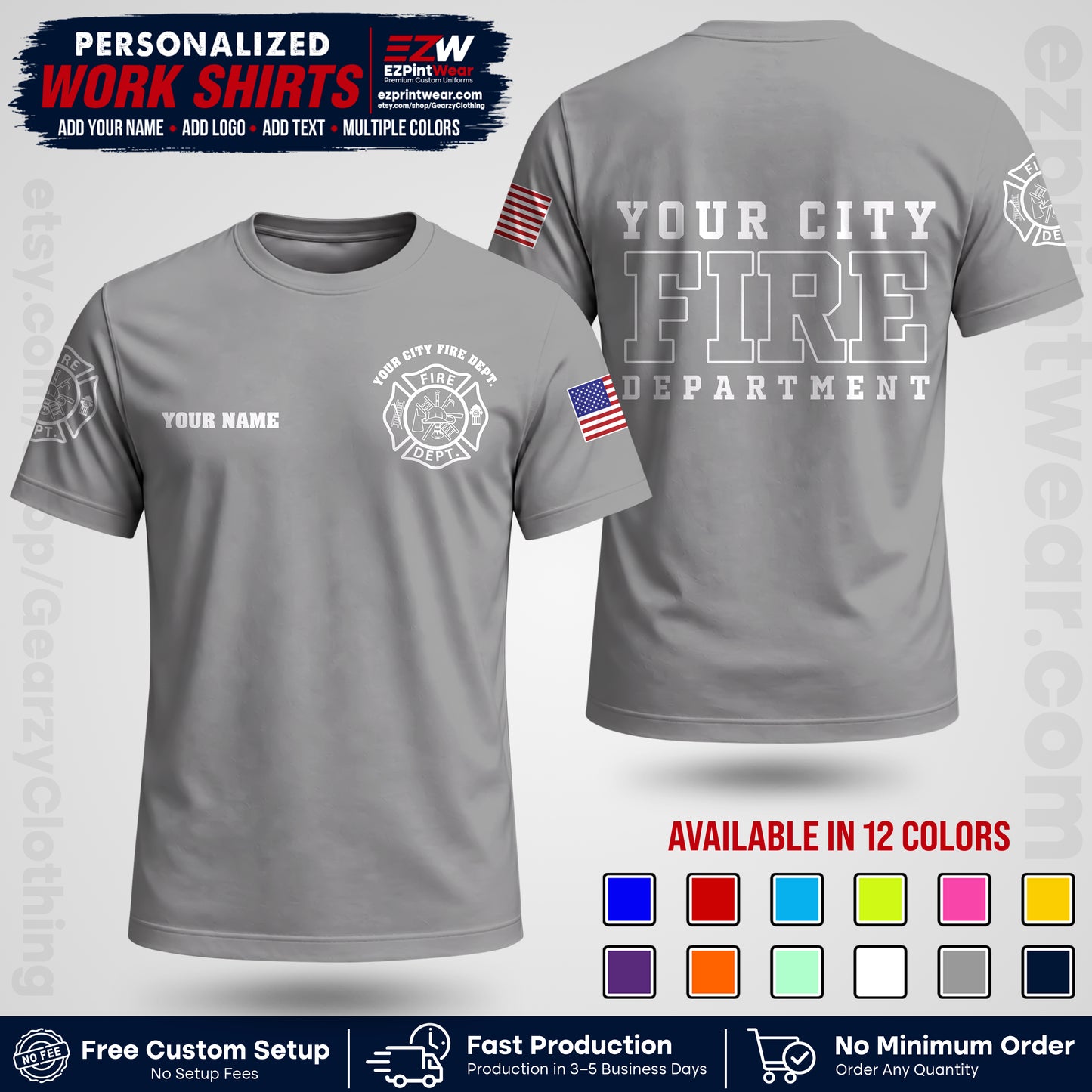 Custom Fire Department Shirt with Name, City Logo & Text | Firefighter Uniform | Button Up Work Shirt FF01