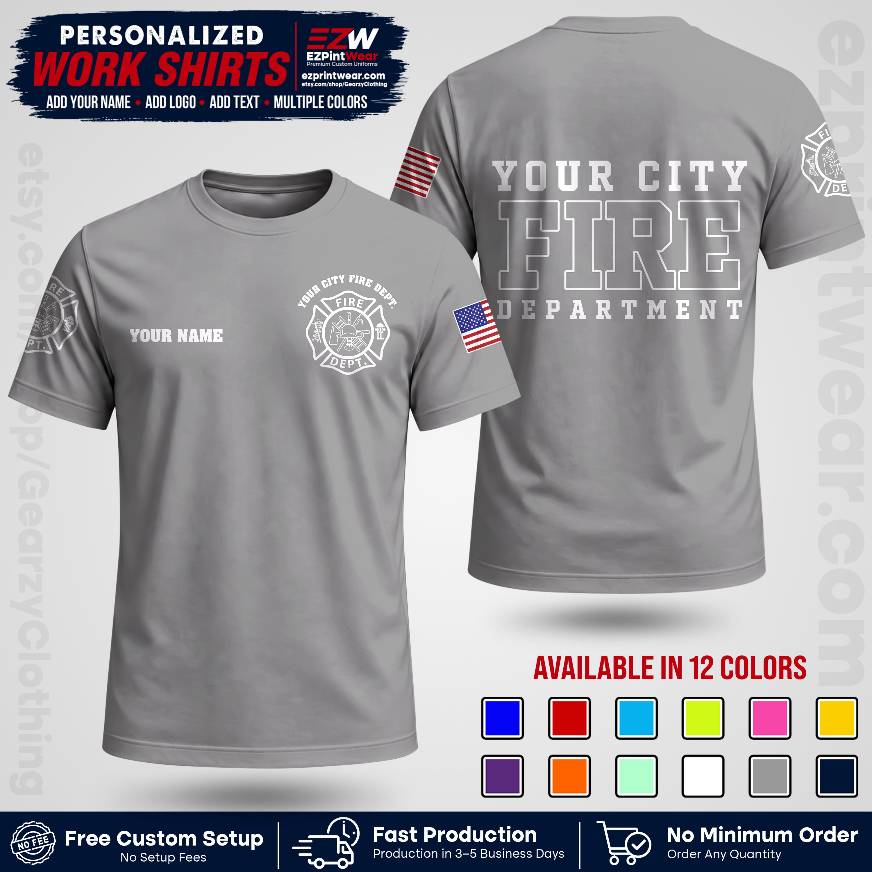 Custom Fire Department Shirt with Name, City Logo & Text | Firefighter Uniform | Button Up Work Shirt FF01