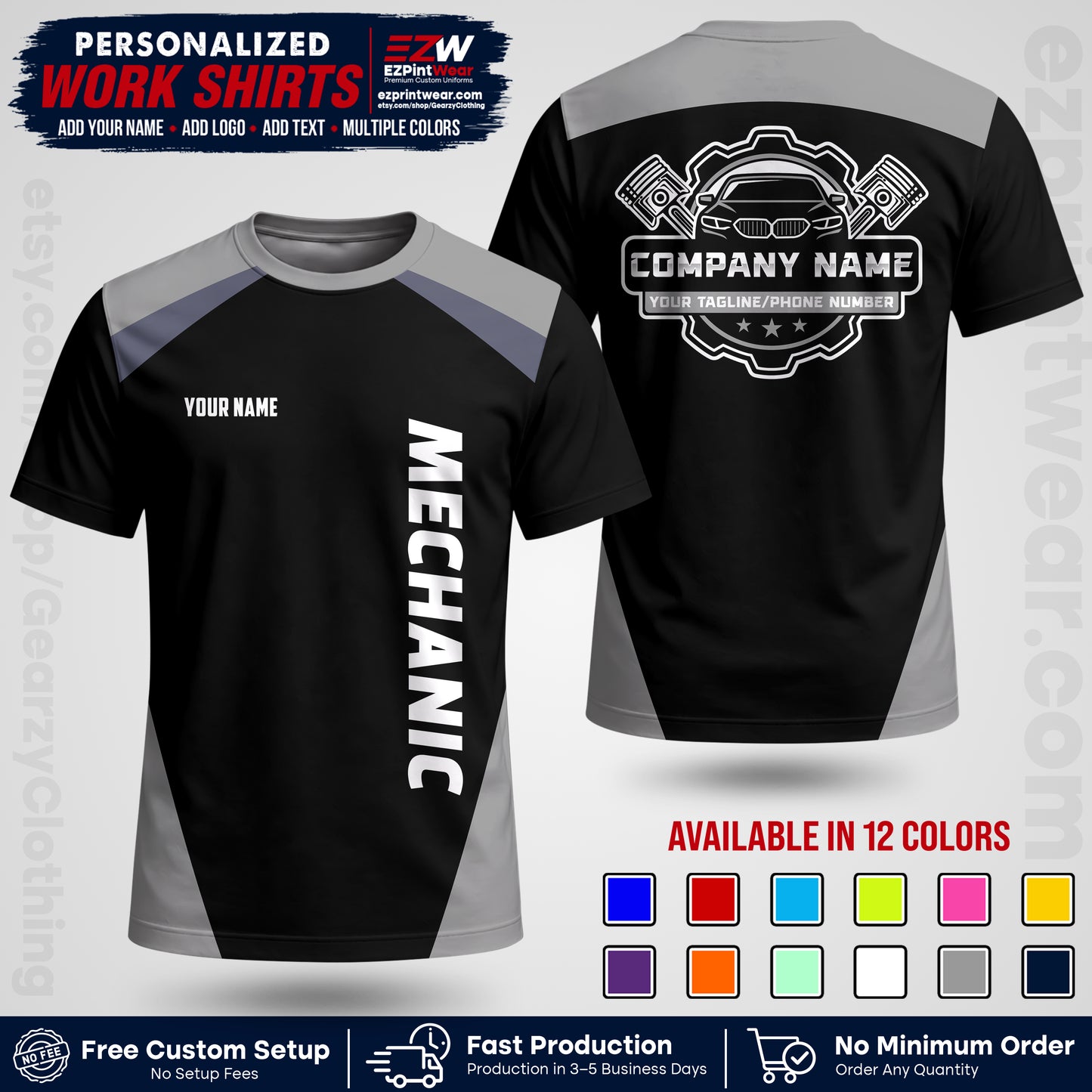 Custom Mechanic Work Shirt with Name, Logo & Text | Auto Shop Uniform | Workwear MCN 02
