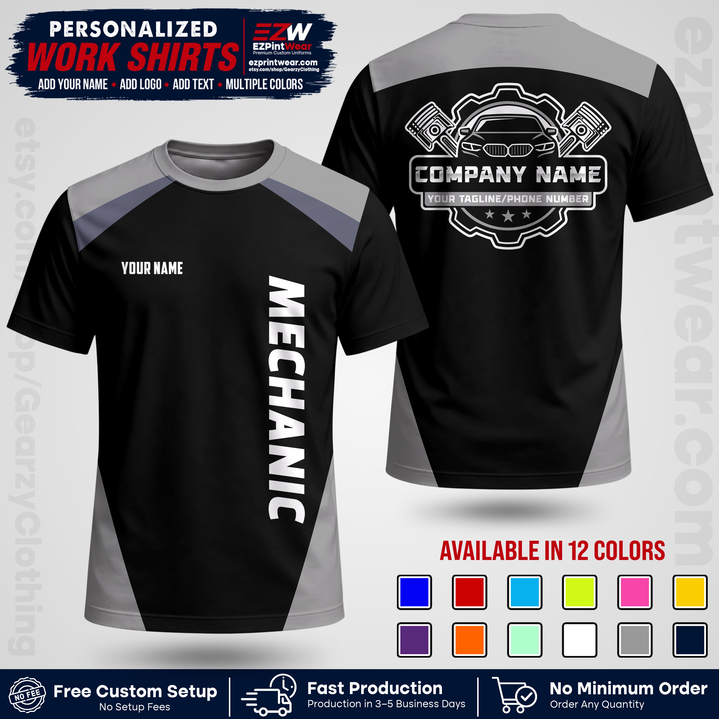 Custom Mechanic Work Shirt with Name, Logo & Text | Auto Shop Uniform | Workwear MCN 02
