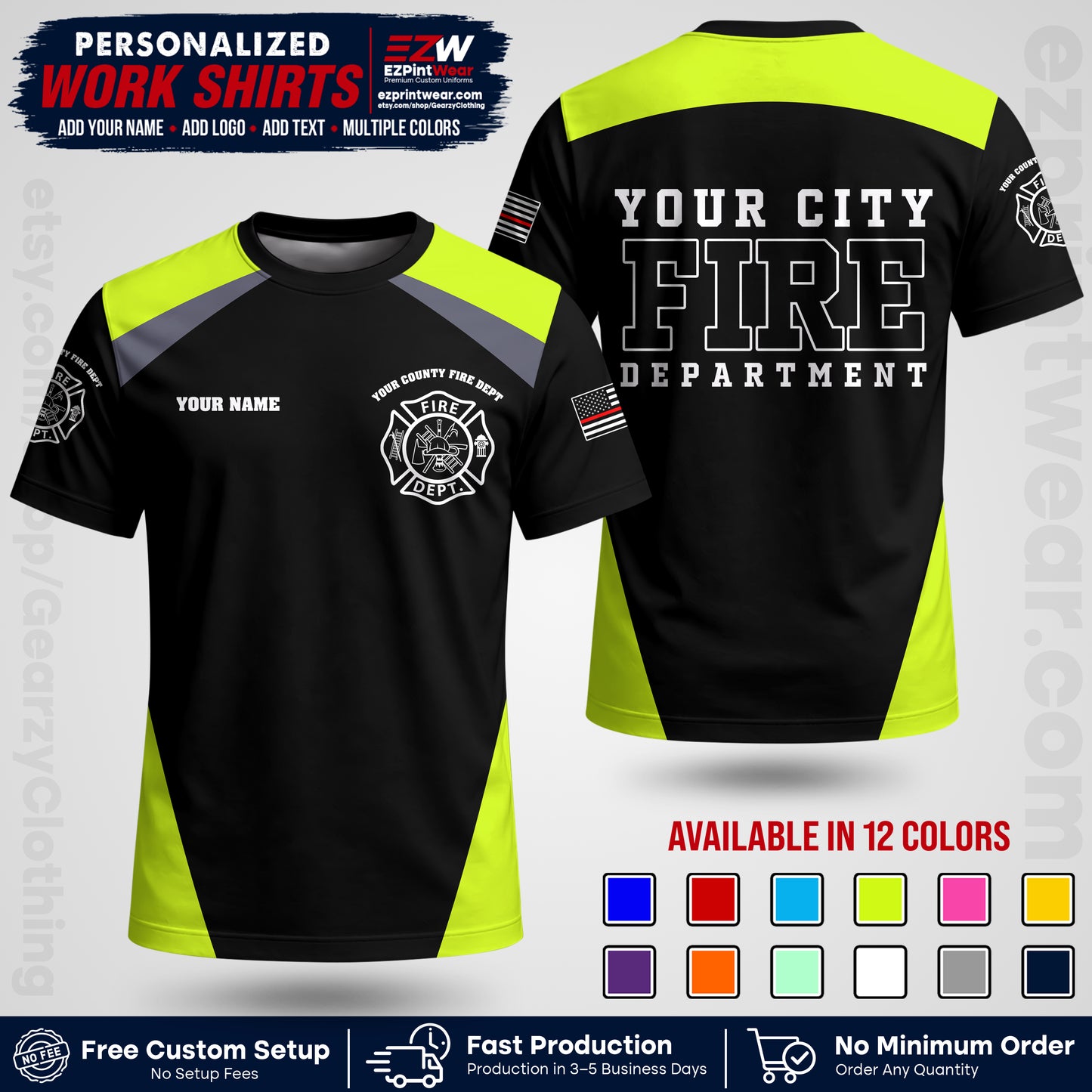 Custom Fire Department Shirt with Name, City Logo & Text | Firefighter Uniform | Button Up Work Shirt FF04