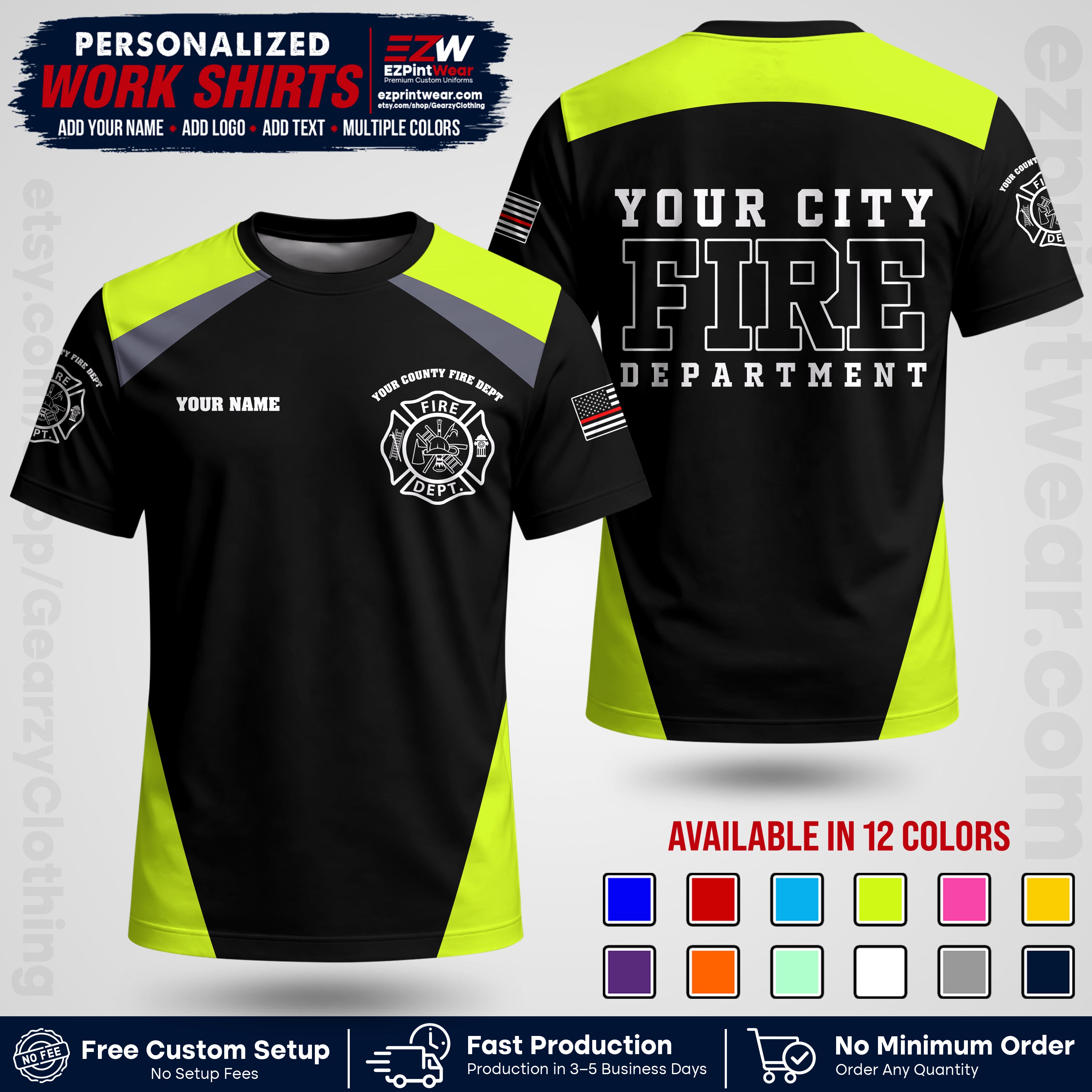 Custom Fire Department Shirt with Name, City Logo & Text | Firefighter Uniform | Button Up Work Shirt FF04