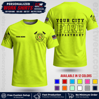 Custom Fire Department Shirt with Name, City Logo & Text | Firefighter Uniform | Button Up Work Shirt FF07