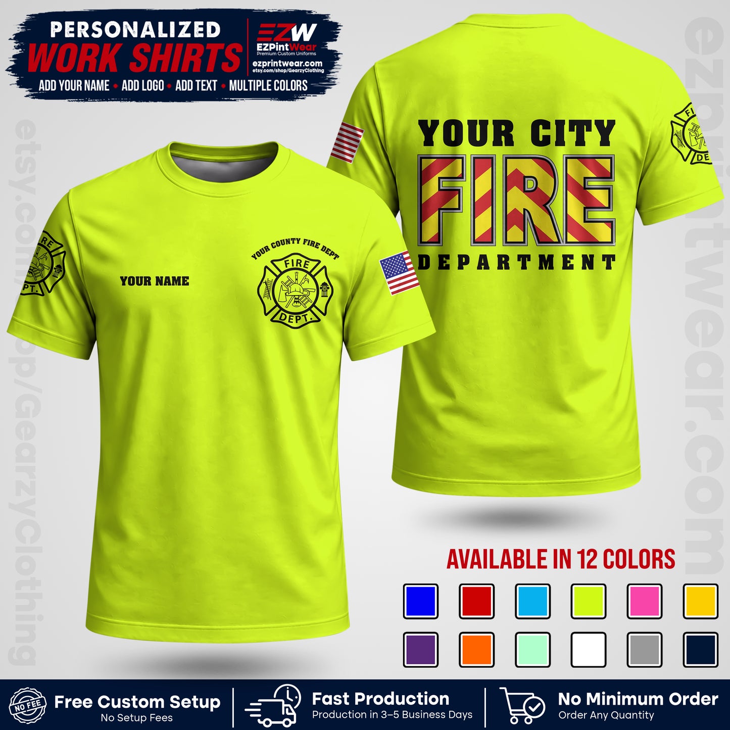 Custom Fire Department Shirt with Name, City Logo & Text | Firefighter Uniform | Button Up Work Shirt FF05