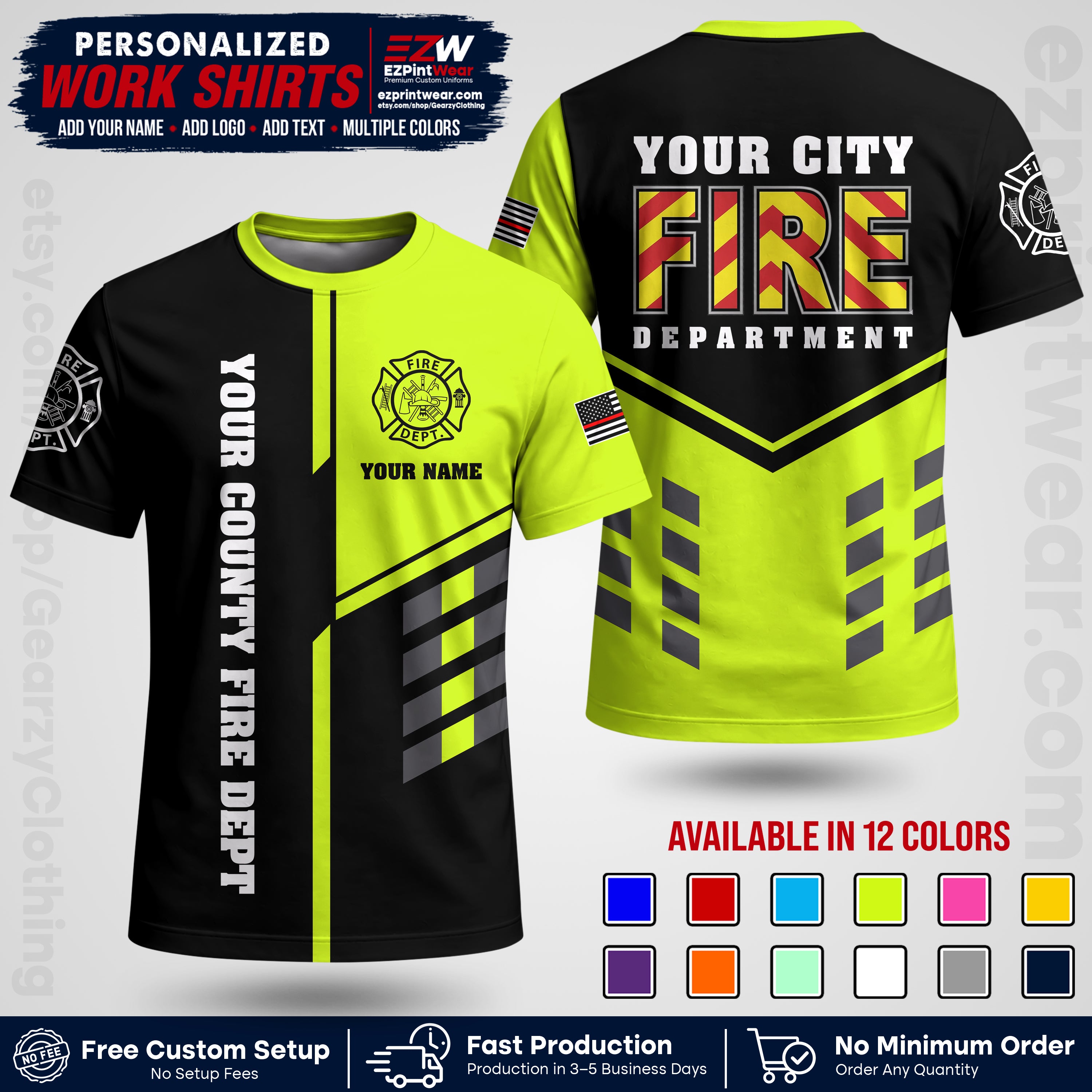 Custom Fire Department Shirt with Name, City Logo & Text | Firefighter Uniform | Button Up Work Shirt FF06