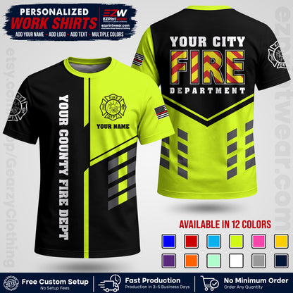 Custom Fire Department Shirt with Name, City Logo & Text | Firefighter Uniform | Button Up Work Shirt FF06
