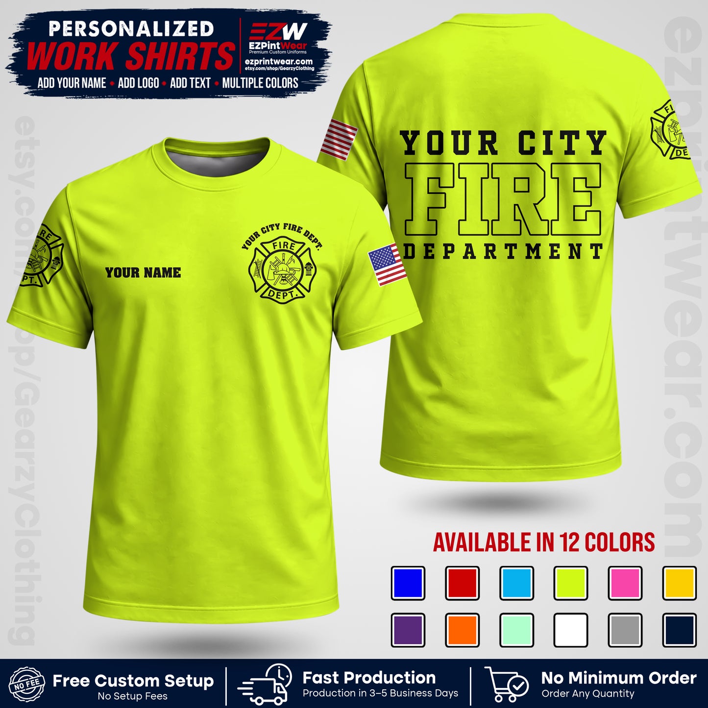 Custom Fire Department Shirt with Name, City Logo & Text | Firefighter Uniform | Button Up Work Shirt FF01