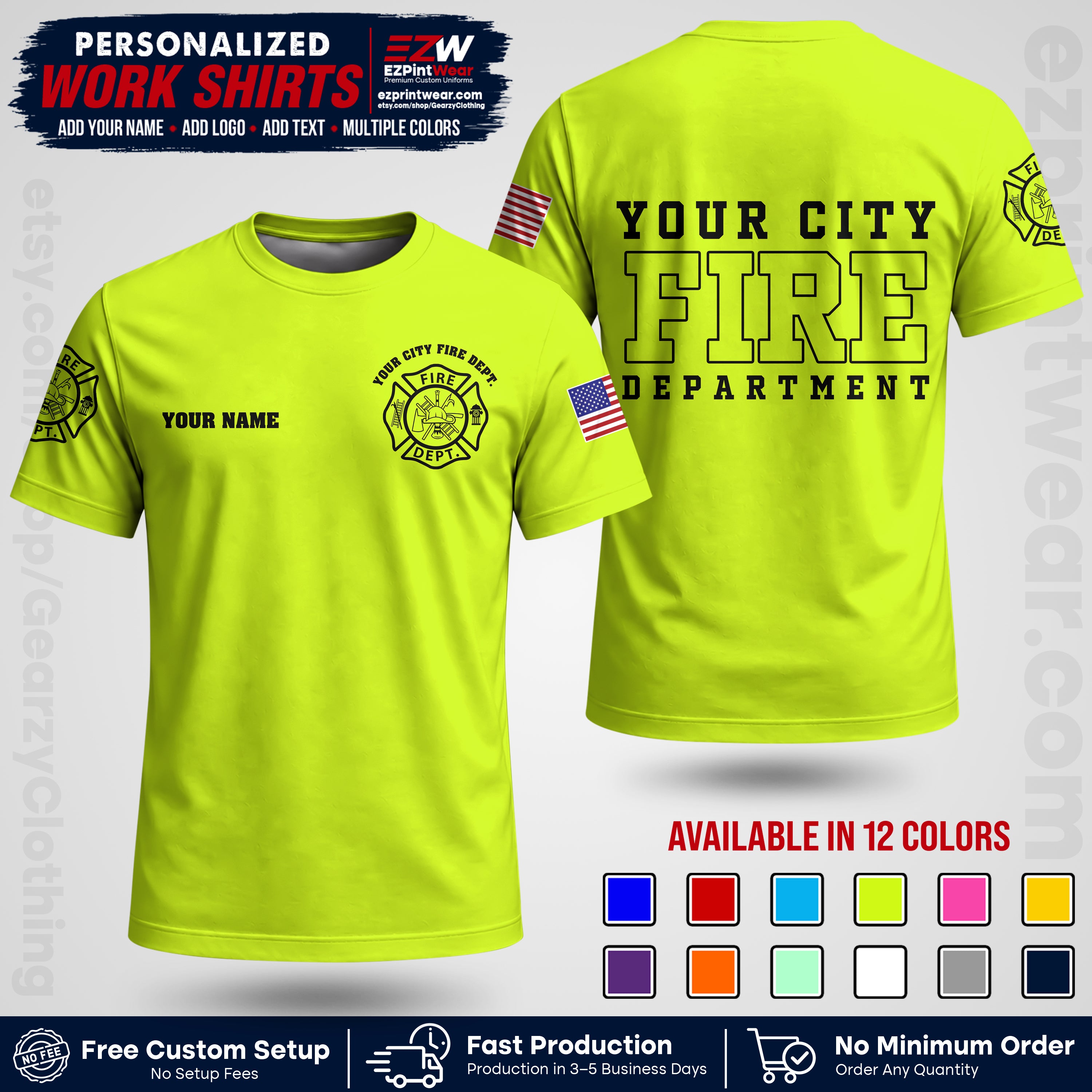 Custom Fire Department Shirt with Name, City Logo & Text | Firefighter Uniform | Button Up Work Shirt FF01