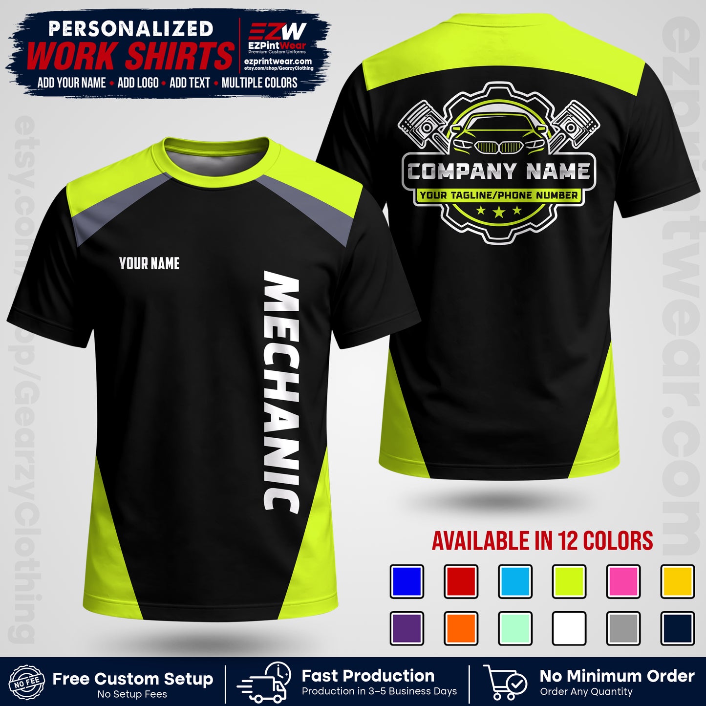 Custom Mechanic Work Shirt with Name, Logo & Text | Auto Shop Uniform | Workwear MCN 02