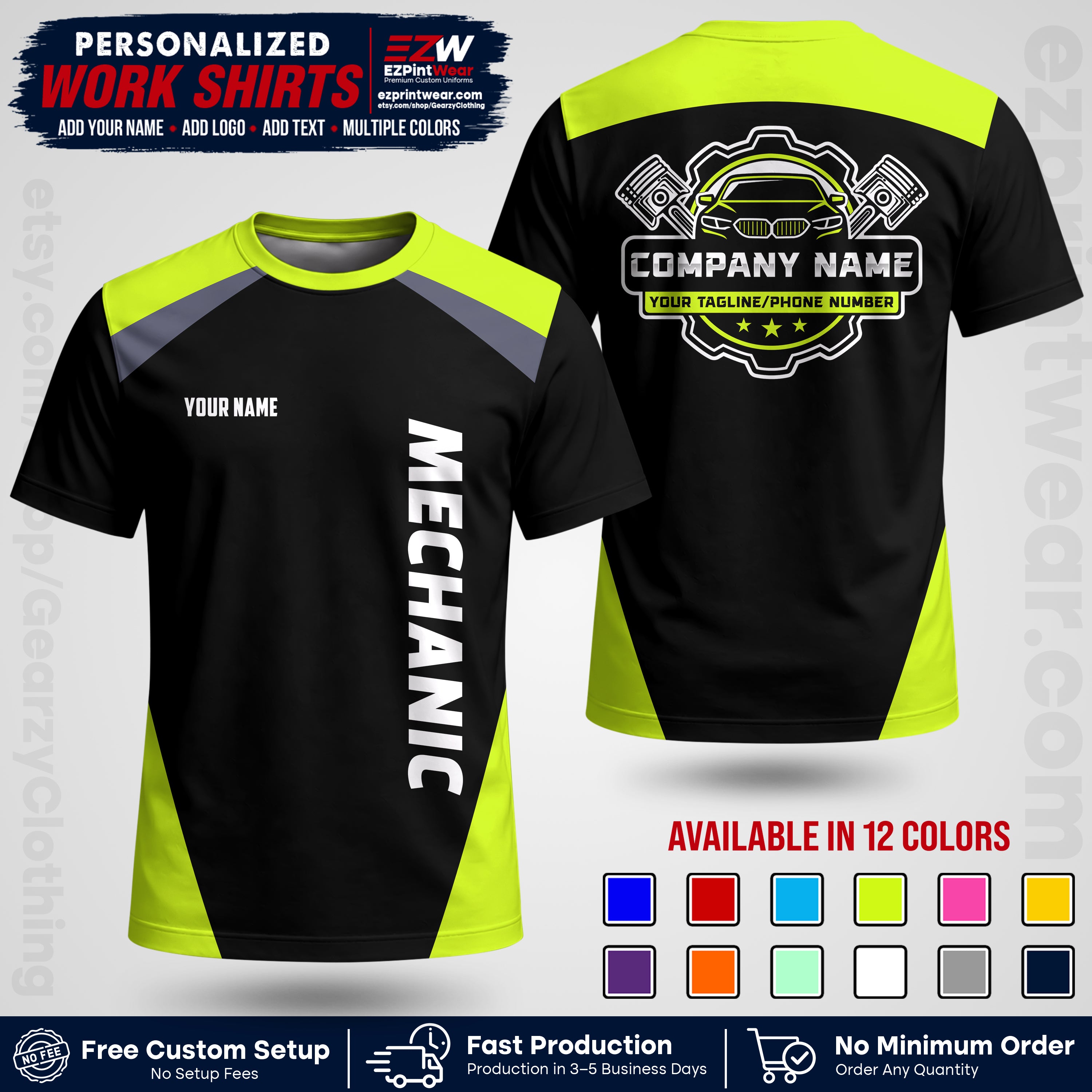 Custom Mechanic Work Shirt with Name, Logo & Text | Auto Shop Uniform | Workwear MCN 02
