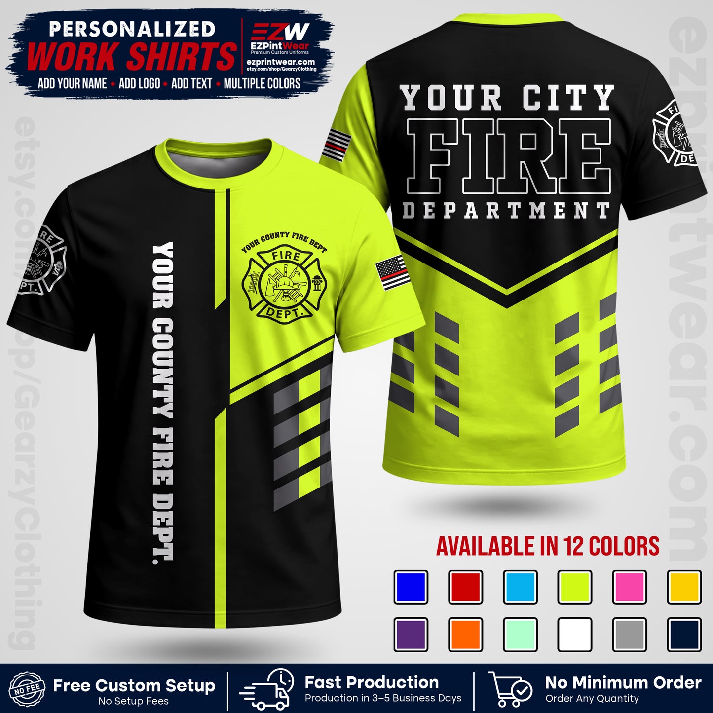 Custom Fire Department Shirt with Name, City Logo & Text | Firefighter Uniform | Button Up Work Shirt FF03