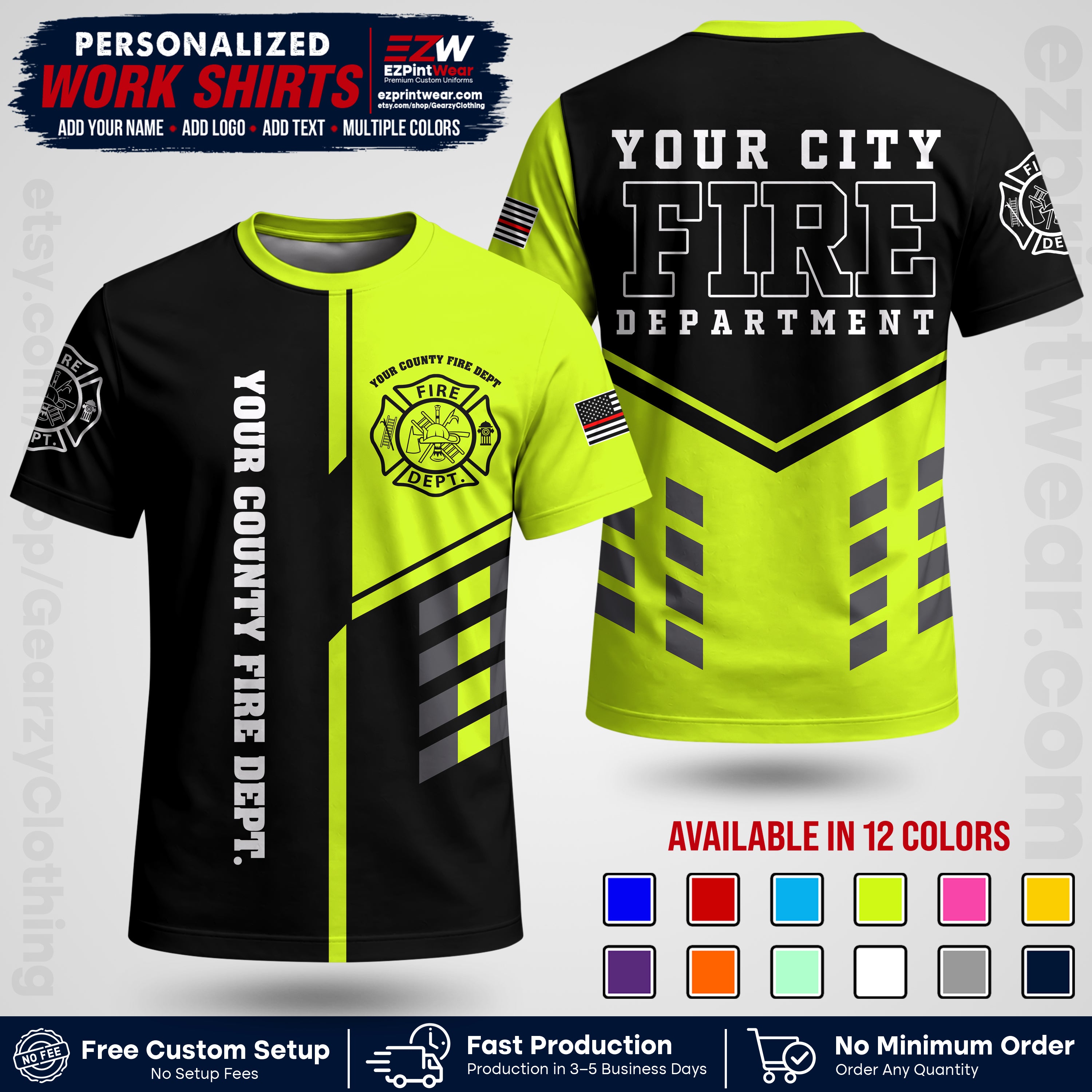 Custom Fire Department Shirt with Name, City Logo & Text | Firefighter Uniform | Button Up Work Shirt FF03