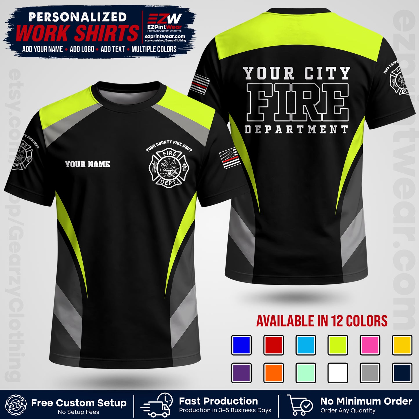 Custom Fire Department Shirt with Name, City Logo & Text | Firefighter Uniform | Button Up Work Shirt FF02