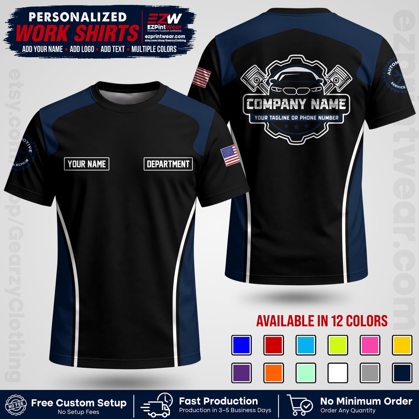 Custom Mechanic Work Shirt with Name, Logo & Text | Auto Shop Uniform | Workwear MCN 10