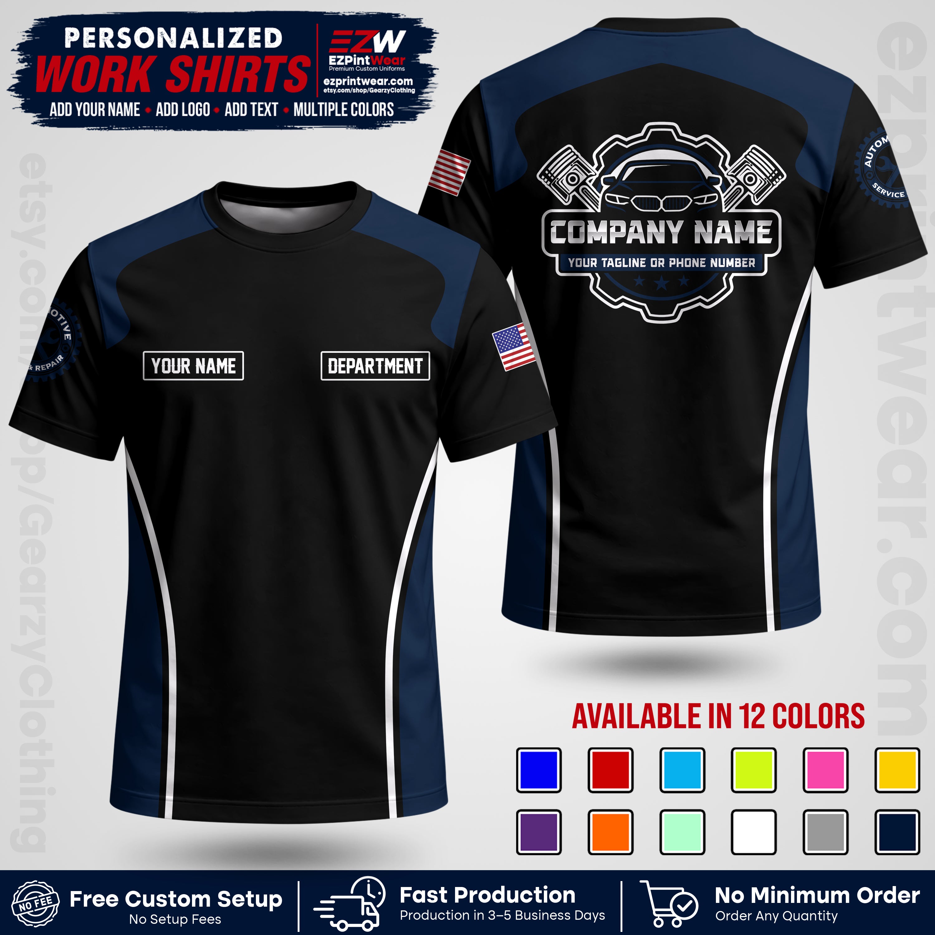 Custom Mechanic Work Shirt with Name, Logo & Text | Auto Shop Uniform | Workwear MCN 10