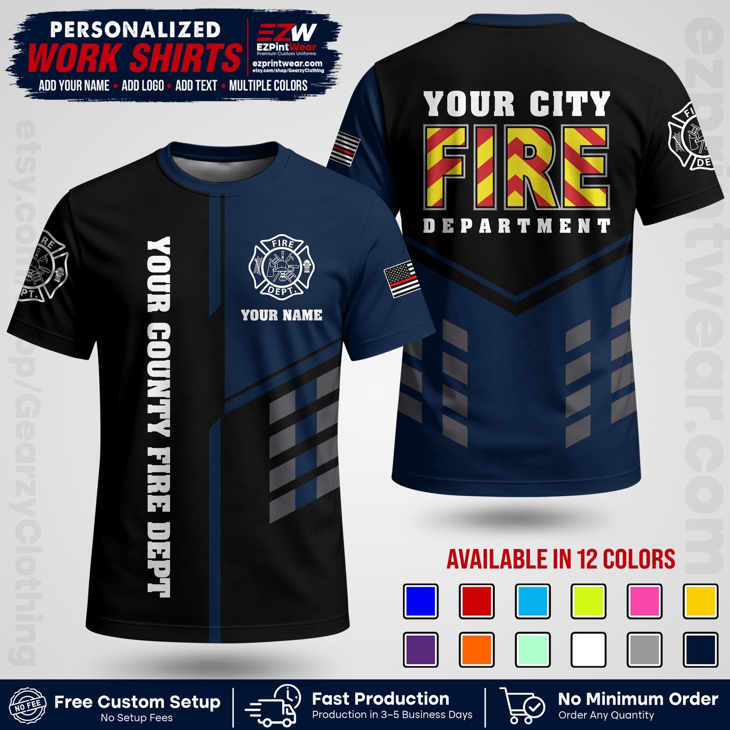 Custom Fire Department Shirt with Name, City Logo & Text | Firefighter Uniform | Button Up Work Shirt FF06