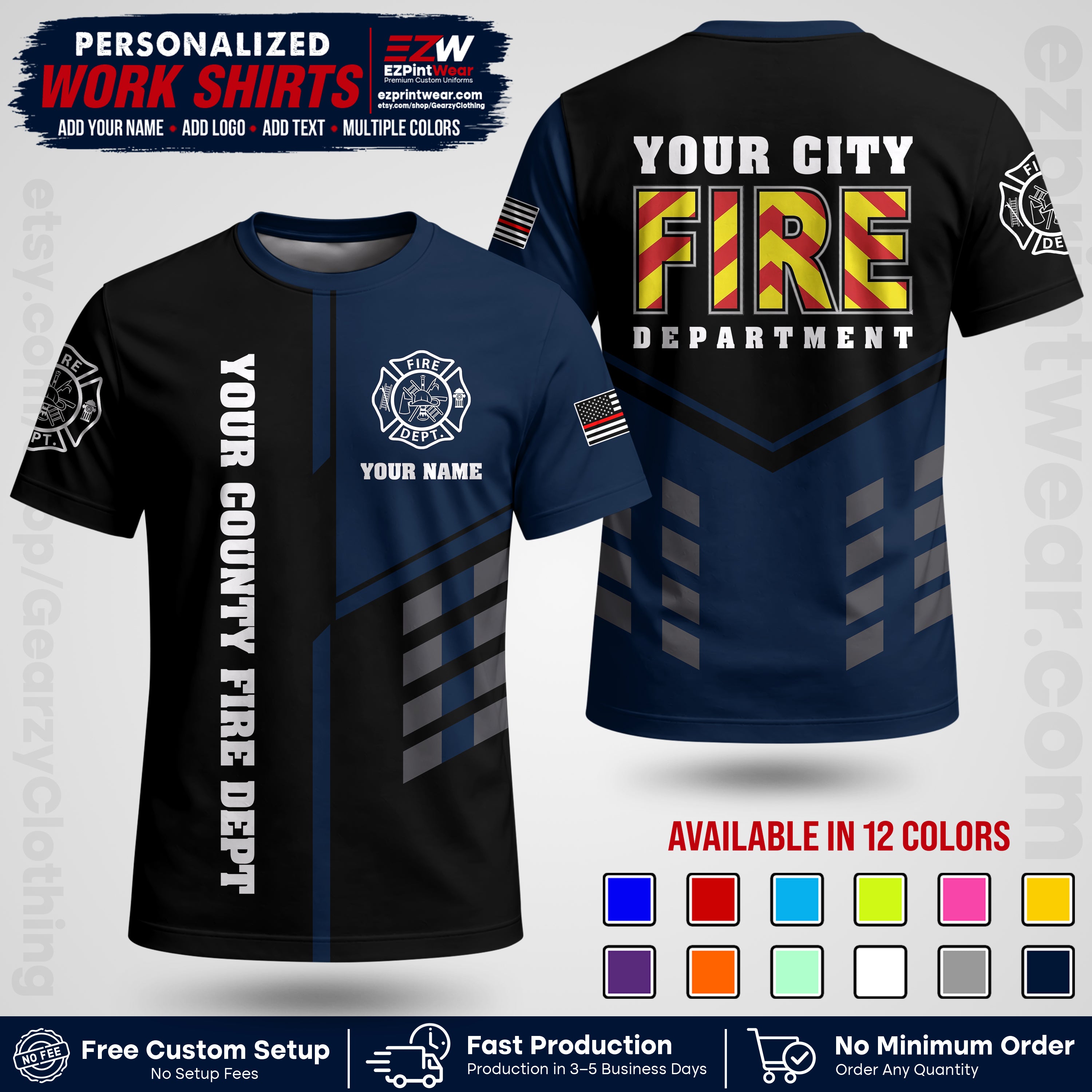 Custom Fire Department Shirt with Name, City Logo & Text | Firefighter Uniform | Button Up Work Shirt FF06
