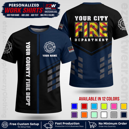 Custom Fire Department Shirt with Name, City Logo & Text | Firefighter Uniform | Button Up Work Shirt FF06