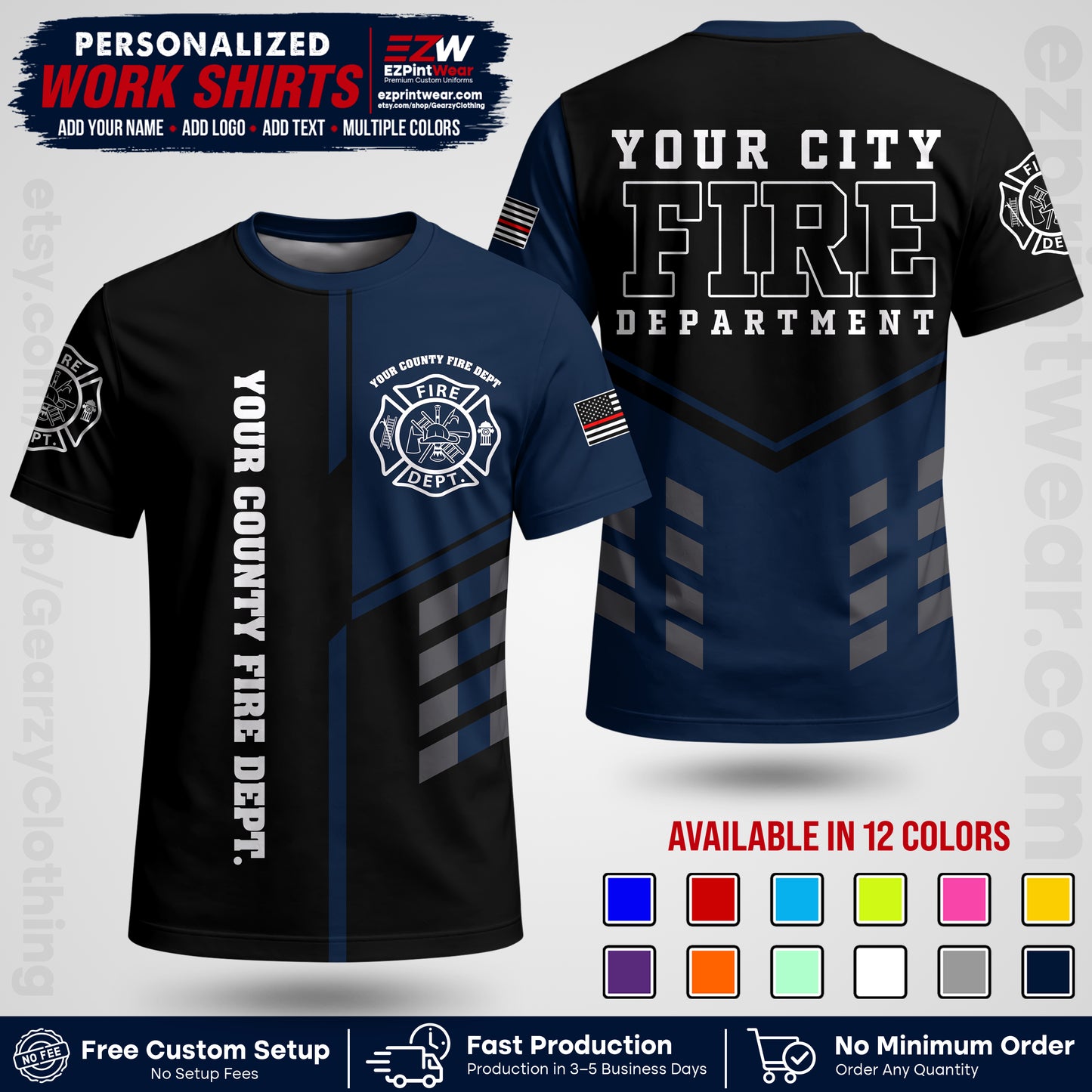 Custom Fire Department Shirt with Name, City Logo & Text | Firefighter Uniform | Button Up Work Shirt FF03