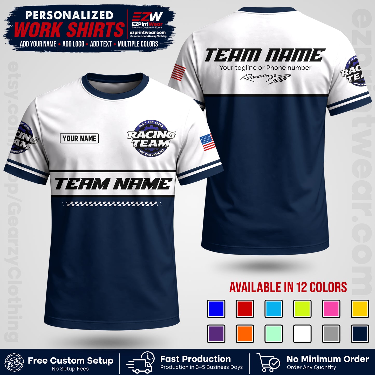Custom Racing Shirt with Name, Logo & Text | Race Team Uniform | Crew Apparel RC12