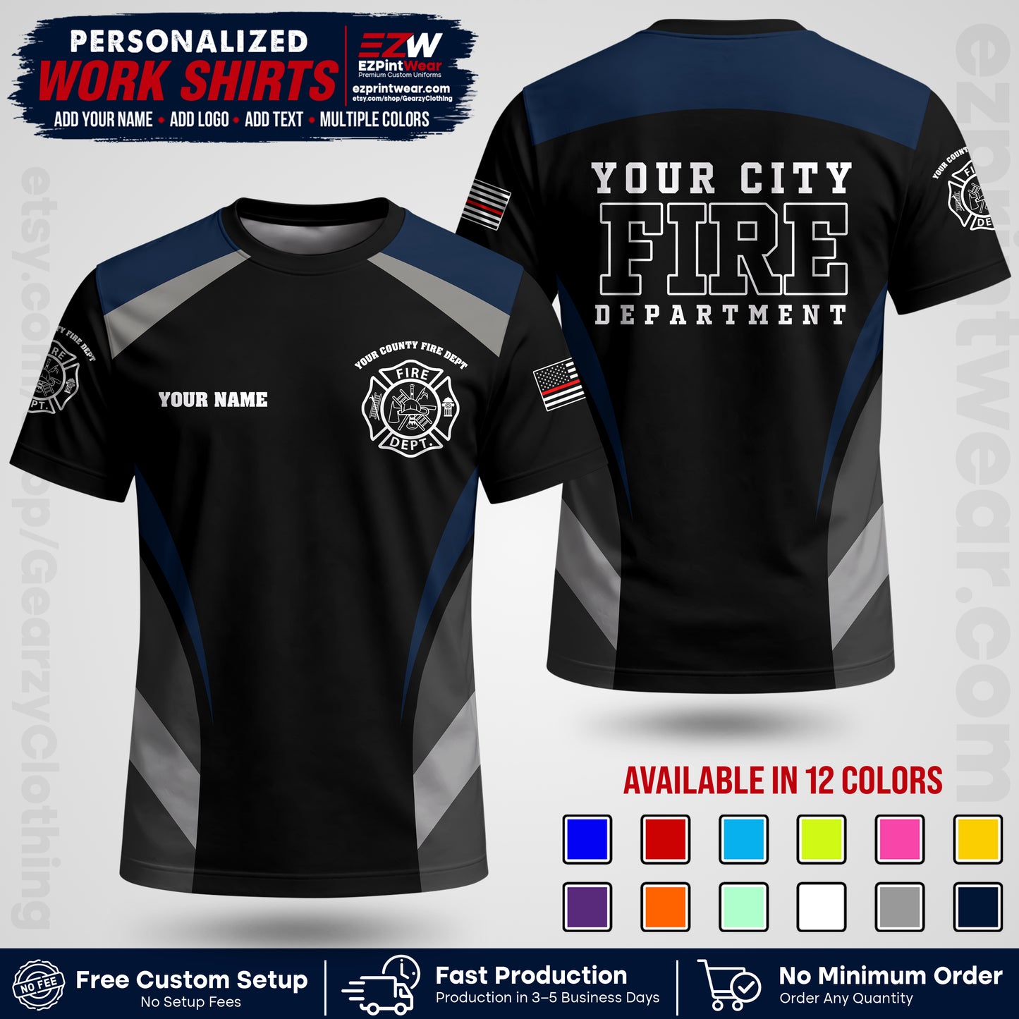 Custom Fire Department Shirt with Name, City Logo & Text | Firefighter Uniform | Button Up Work Shirt FF02