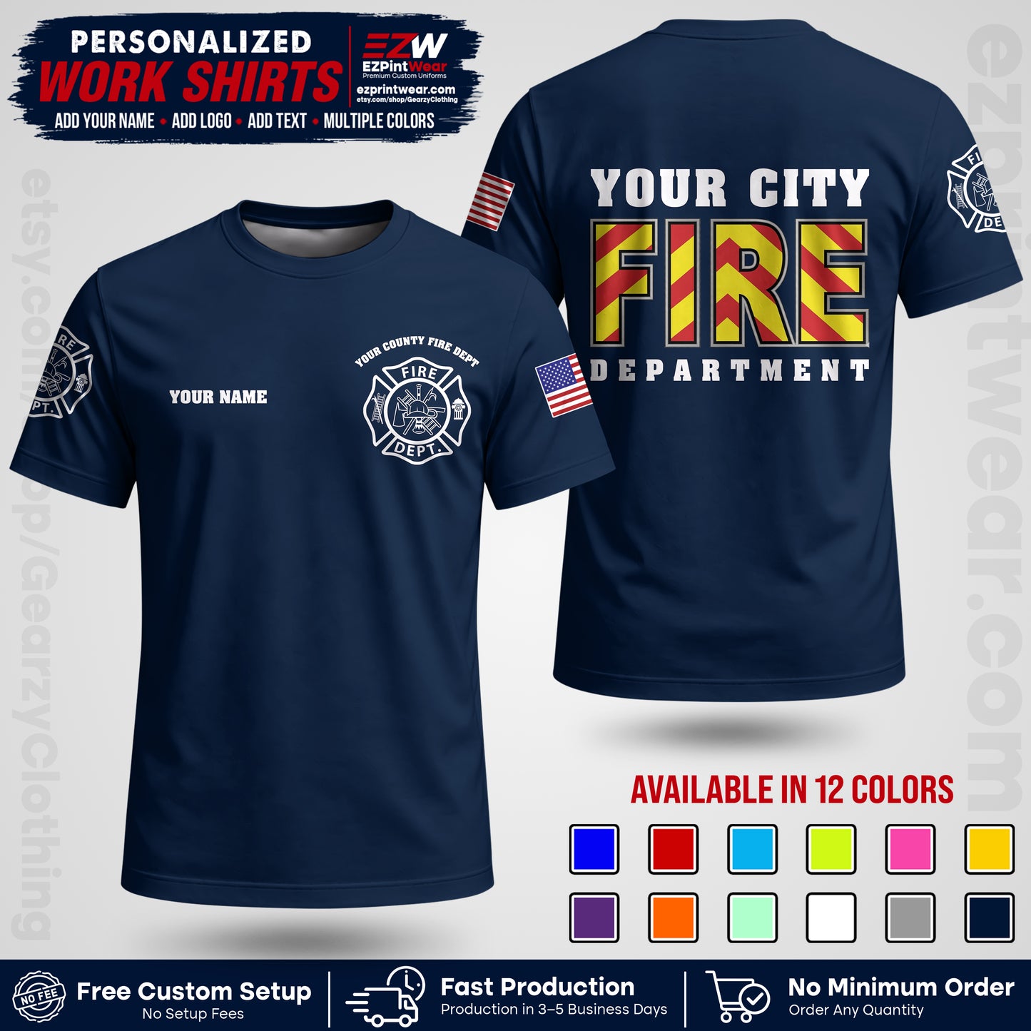 Custom Fire Department Shirt with Name, City Logo & Text | Firefighter Uniform | Button Up Work Shirt FF05