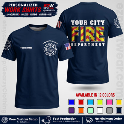 Custom Fire Department Shirt with Name, City Logo & Text | Firefighter Uniform | Button Up Work Shirt FF05