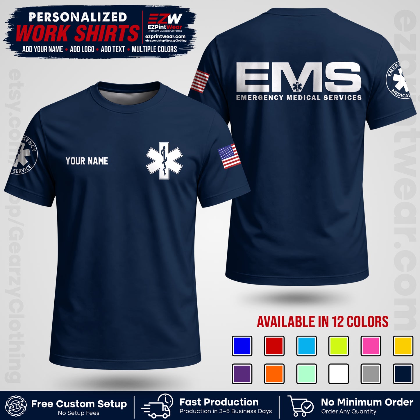 Custom EMS Shirt with Name, Logo & Text | EMS Team Uniform | First Responder Workwear EMSU01