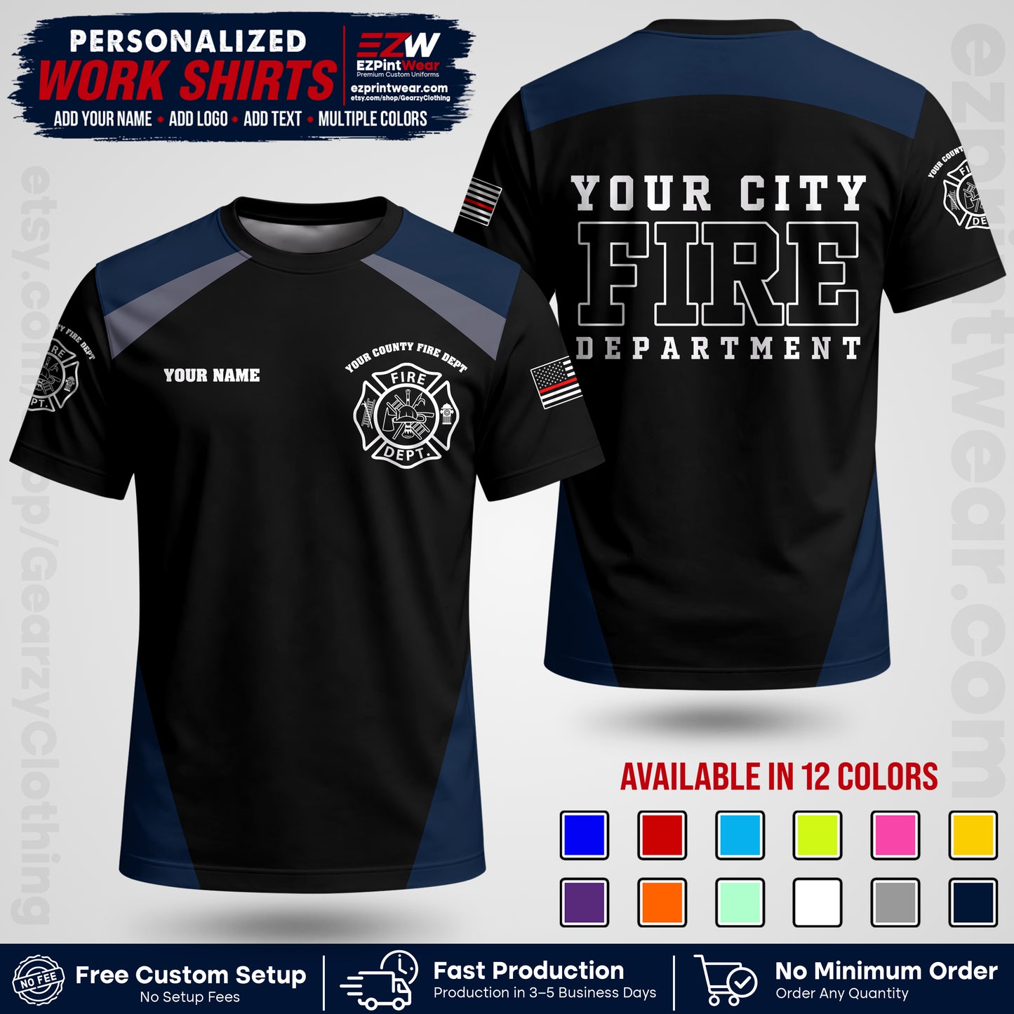 Custom Fire Department Shirt with Name, City Logo & Text | Firefighter Uniform | Button Up Work Shirt FF04
