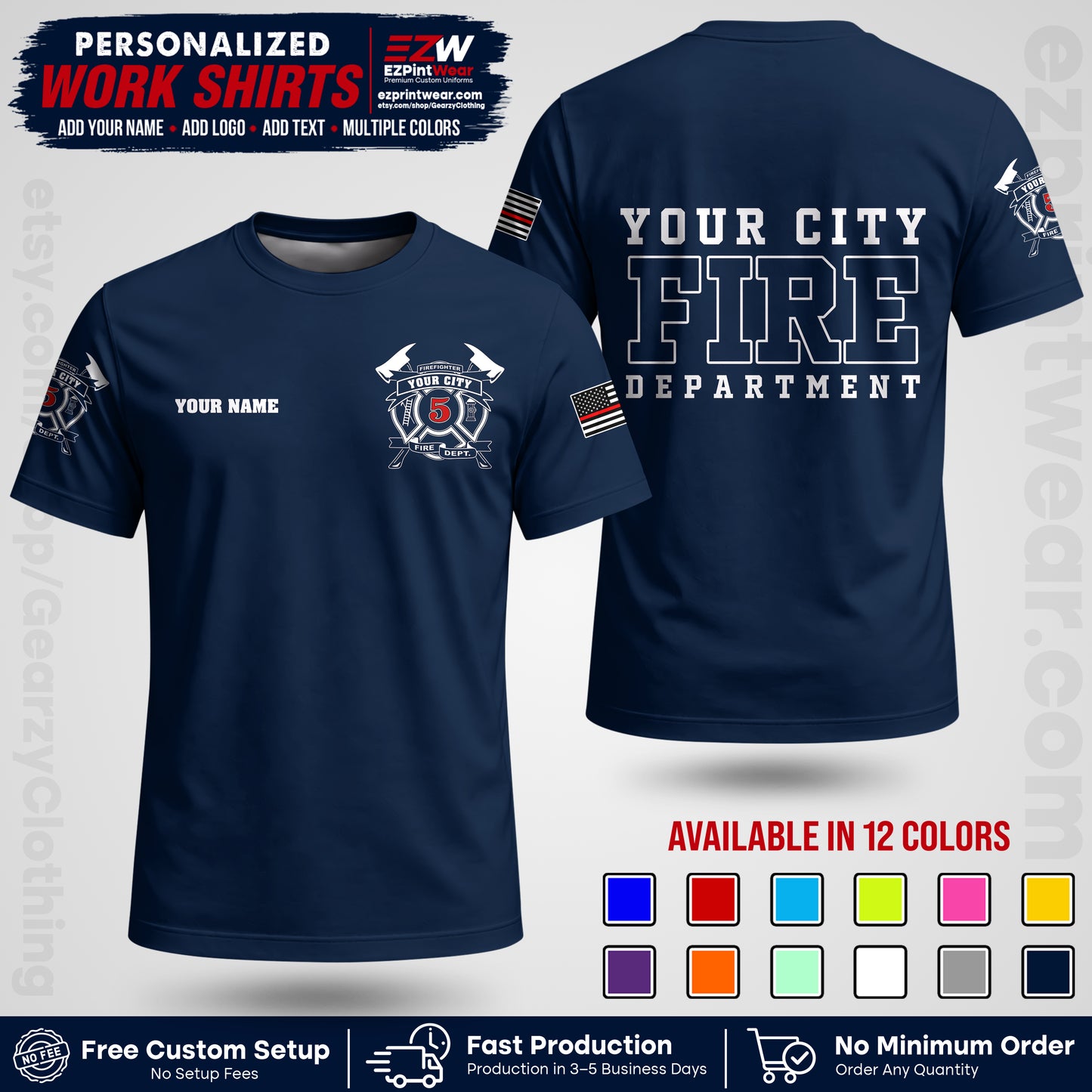 Custom Fire Department Shirt with Name, City Logo & Text | Firefighter Uniform | Button Up Work Shirt FF07