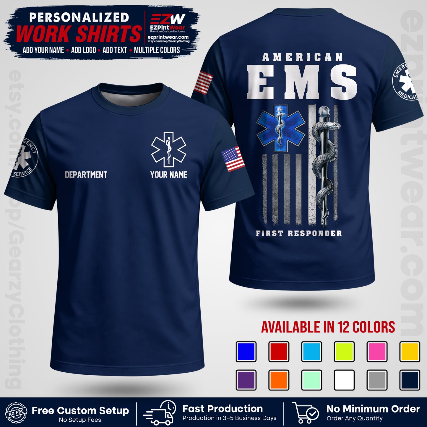 Custom EMS Shirt with Name, Logo & Text | EMS Team Uniform | First Responder Workwear EMSU03
