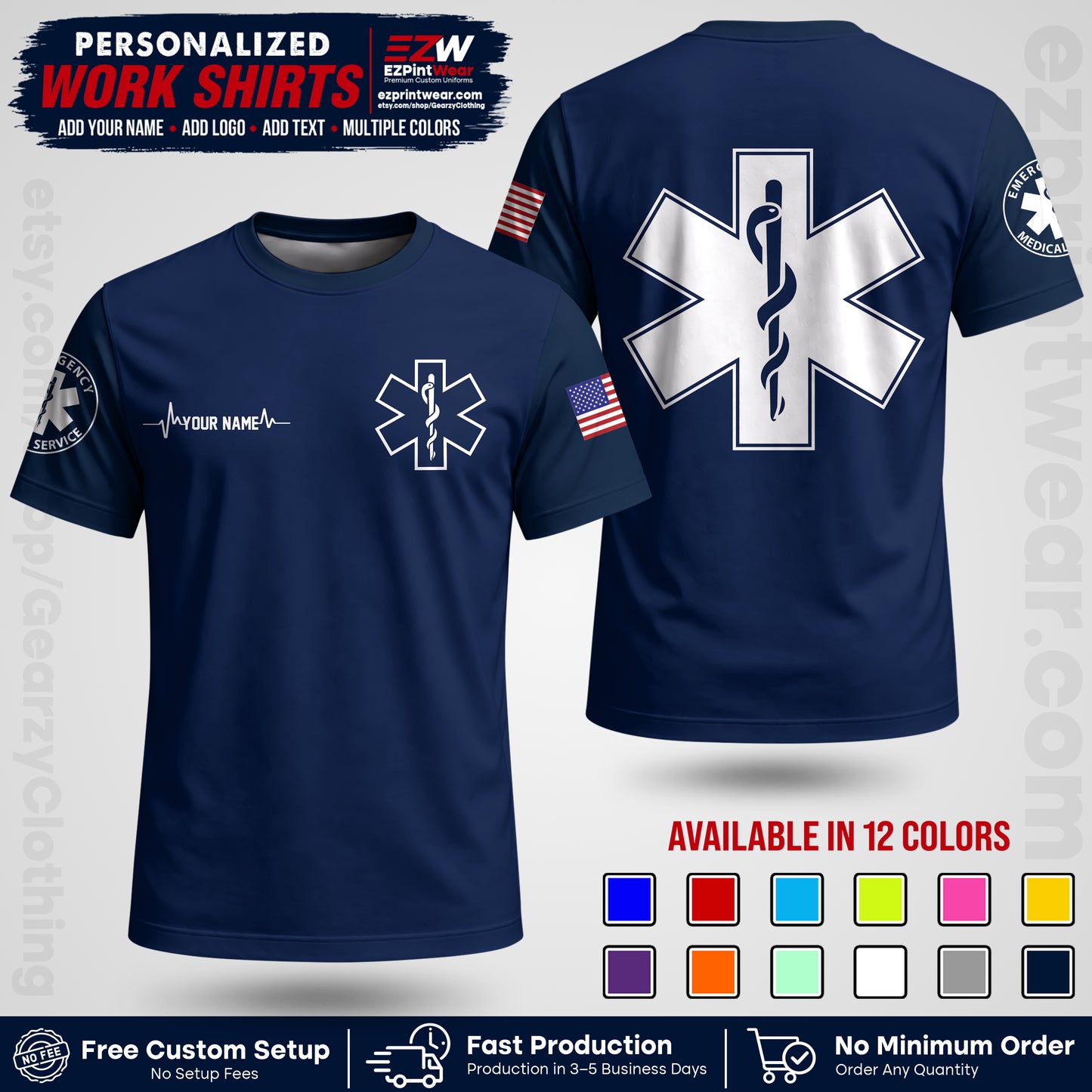 Custom EMS Shirt with Name, Logo & Text | EMS Team Uniform | First Responder Workwear EMSU04