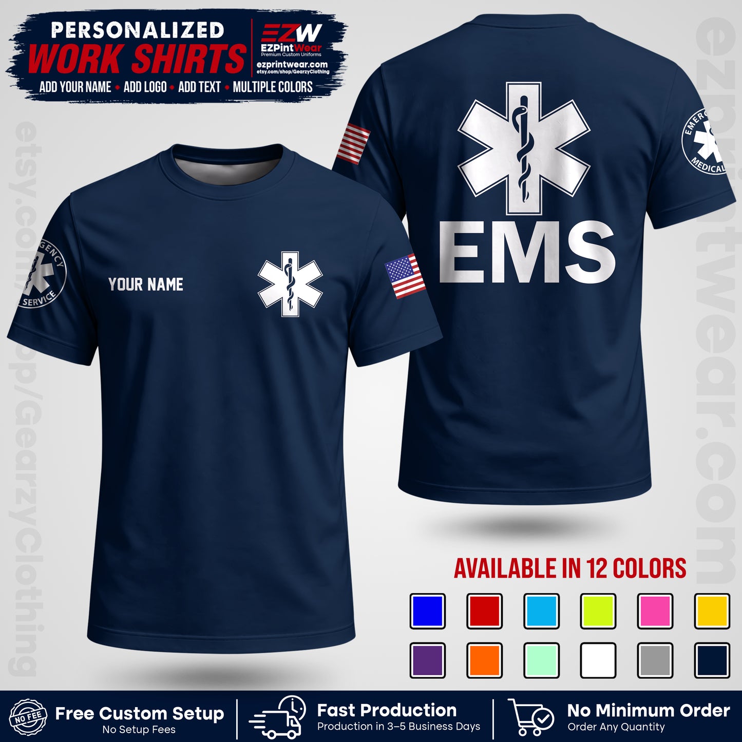 Custom EMS Shirt with Name, Logo & Text | EMS Team Uniform | First Responder Workwear EMSU02