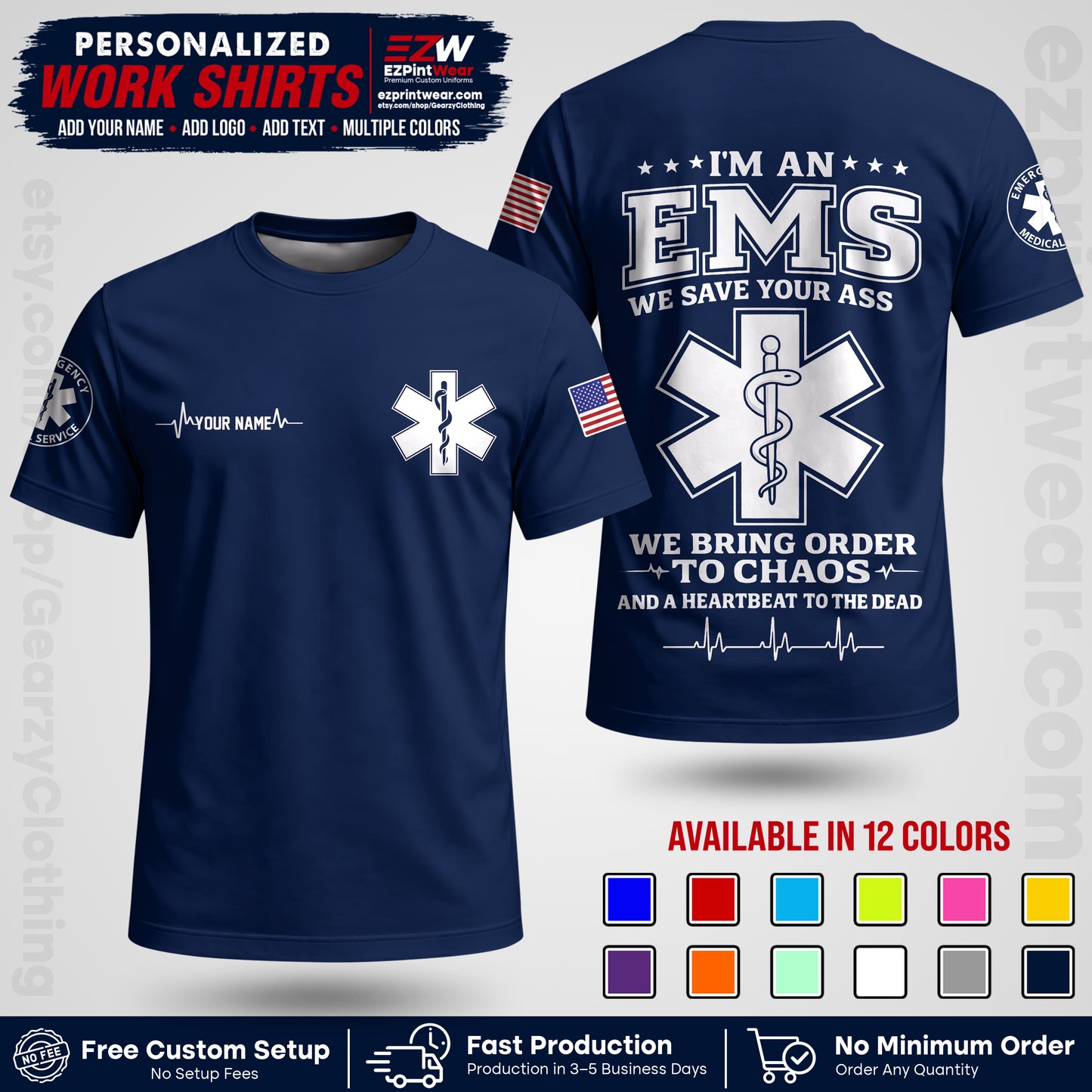 Custom EMS Shirt with Name, Logo & Text | EMS Team Uniform | First Responder Workwear EMSU05