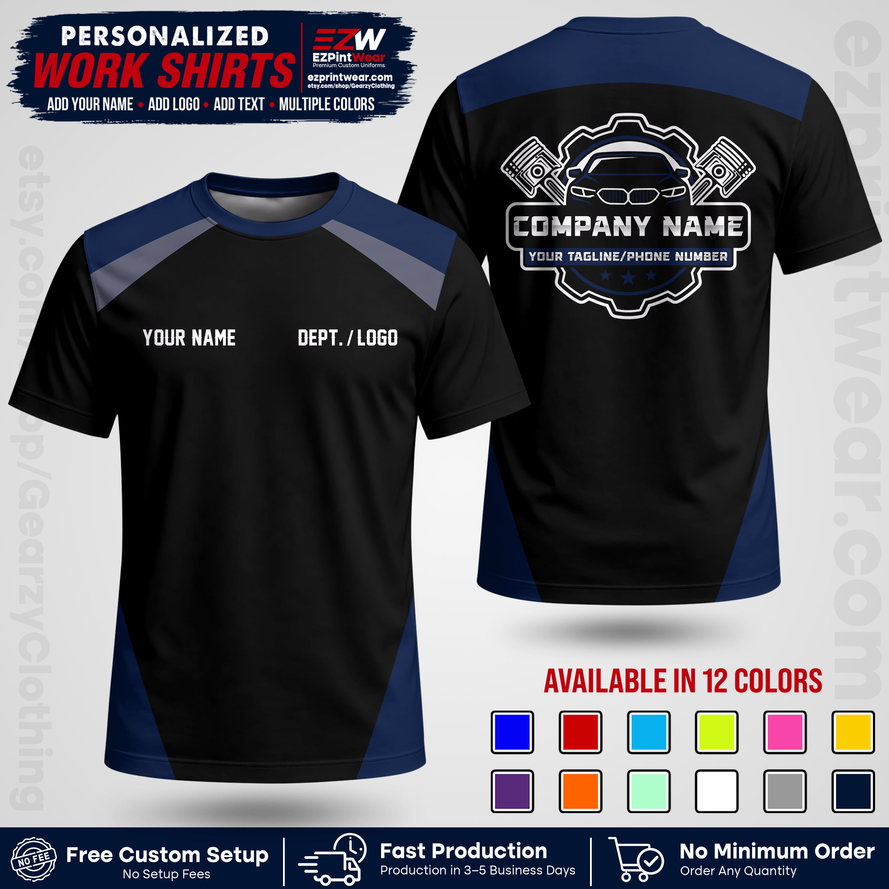 Custom Mechanic Work Shirt with Name, Logo & Text | Auto Shop Uniform | Workwear MCN 03
