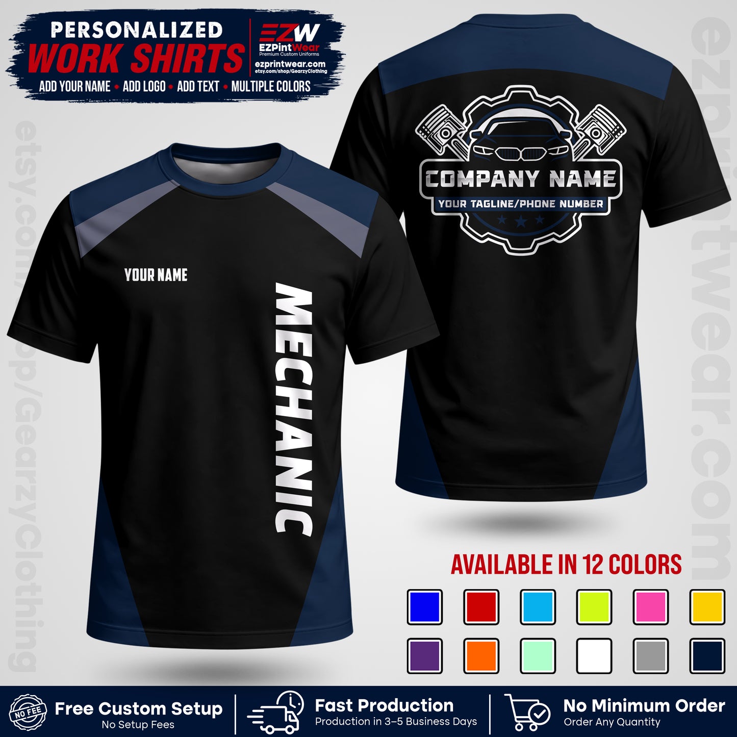 Custom Mechanic Work Shirt with Name, Logo & Text | Auto Shop Uniform | Workwear MCN 02