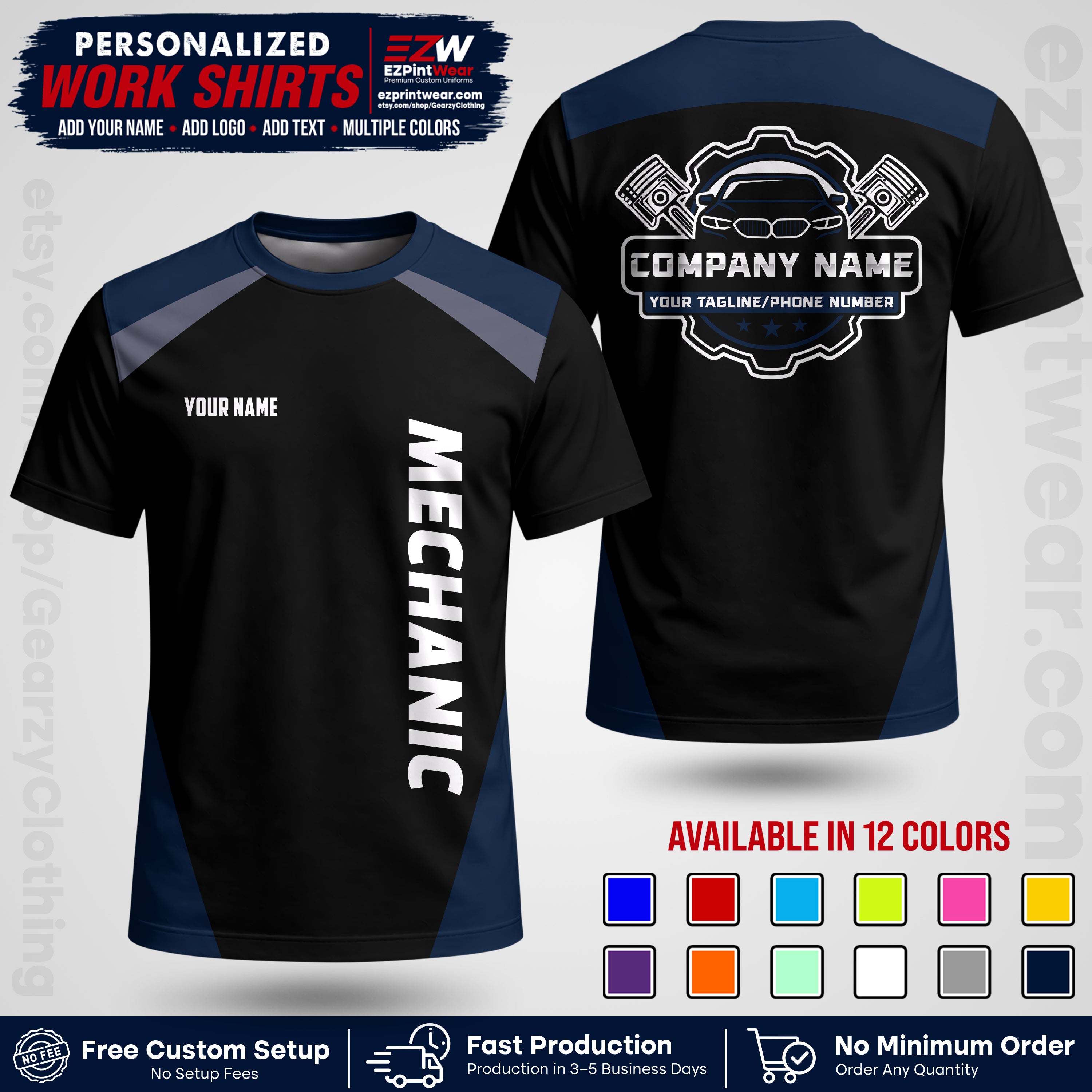 Custom Mechanic Work Shirt with Name, Logo & Text | Auto Shop Uniform | Workwear MCN 02