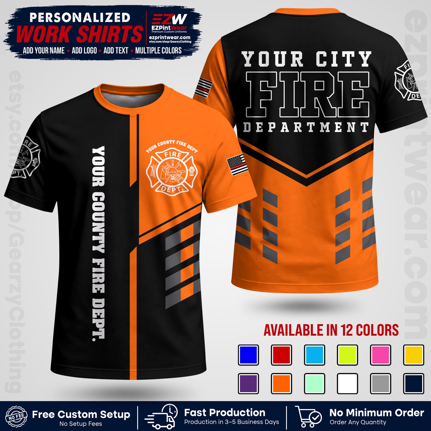 Custom Fire Department Shirt with Name, City Logo & Text | Firefighter Uniform | Button Up Work Shirt FF03