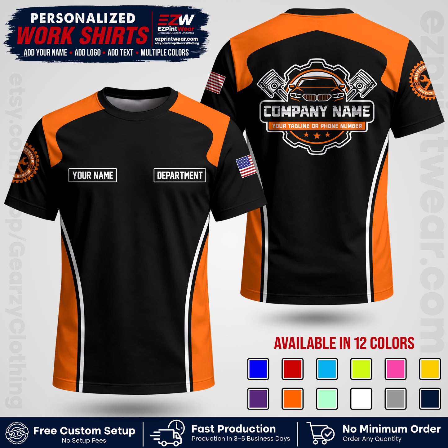 Custom Mechanic Work Shirt with Name, Logo & Text | Auto Shop Uniform | Workwear MCN 10