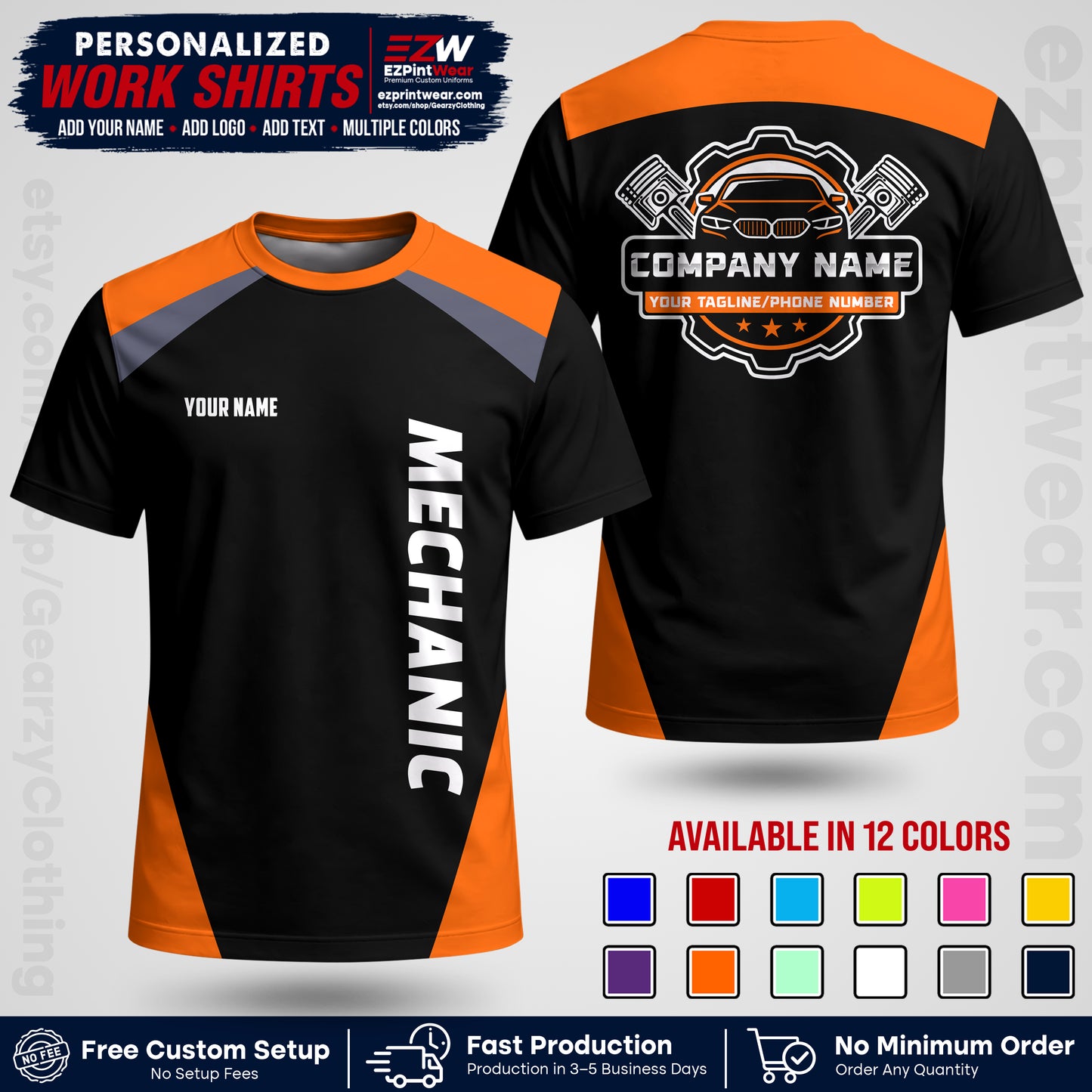Custom Mechanic Work Shirt with Name, Logo & Text | Auto Shop Uniform | Workwear MCN 02