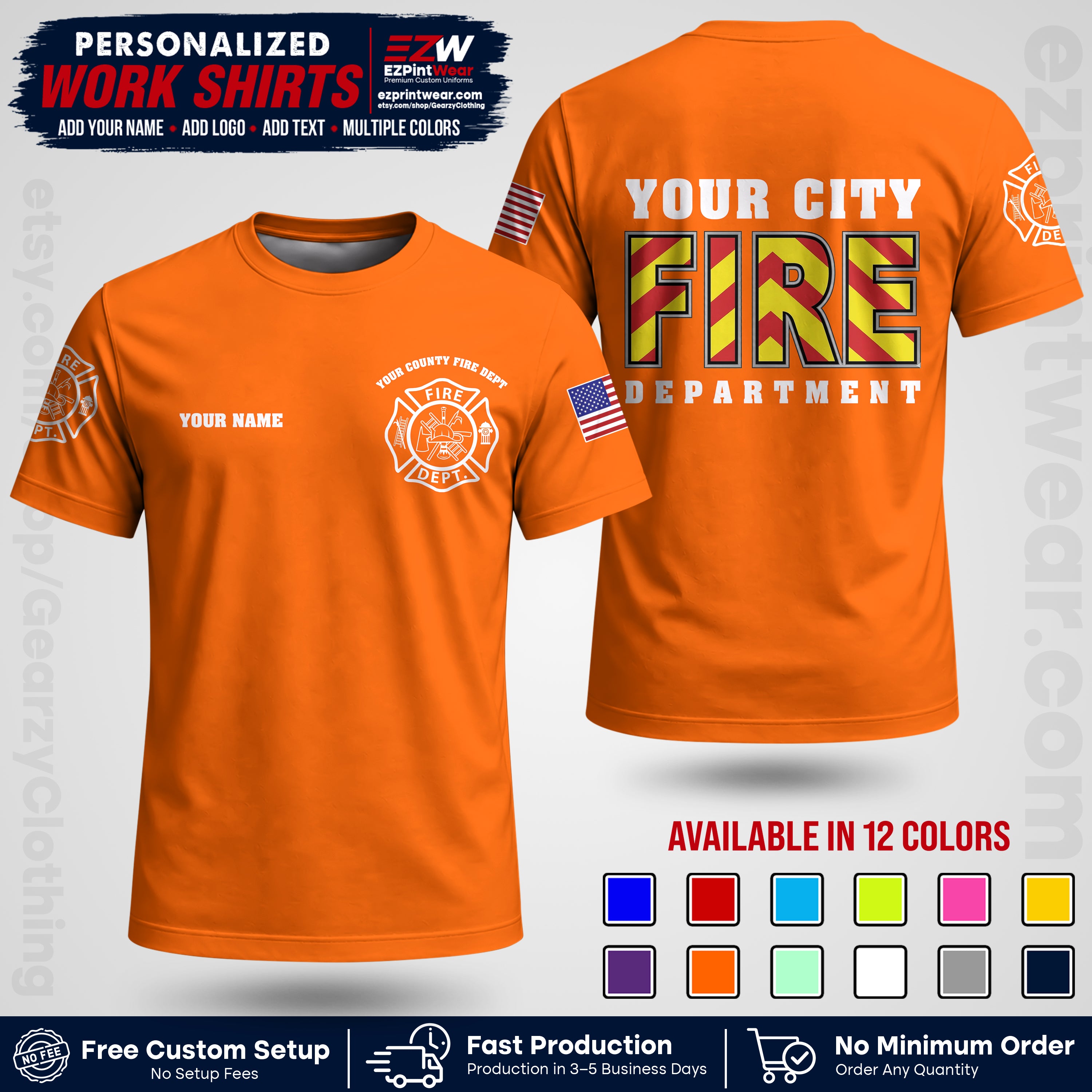Custom Fire Department Shirt with Name, City Logo & Text | Firefighter Uniform | Button Up Work Shirt FF05