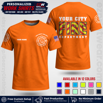 Custom Fire Department Shirt with Name, City Logo & Text | Firefighter Uniform | Button Up Work Shirt FF05