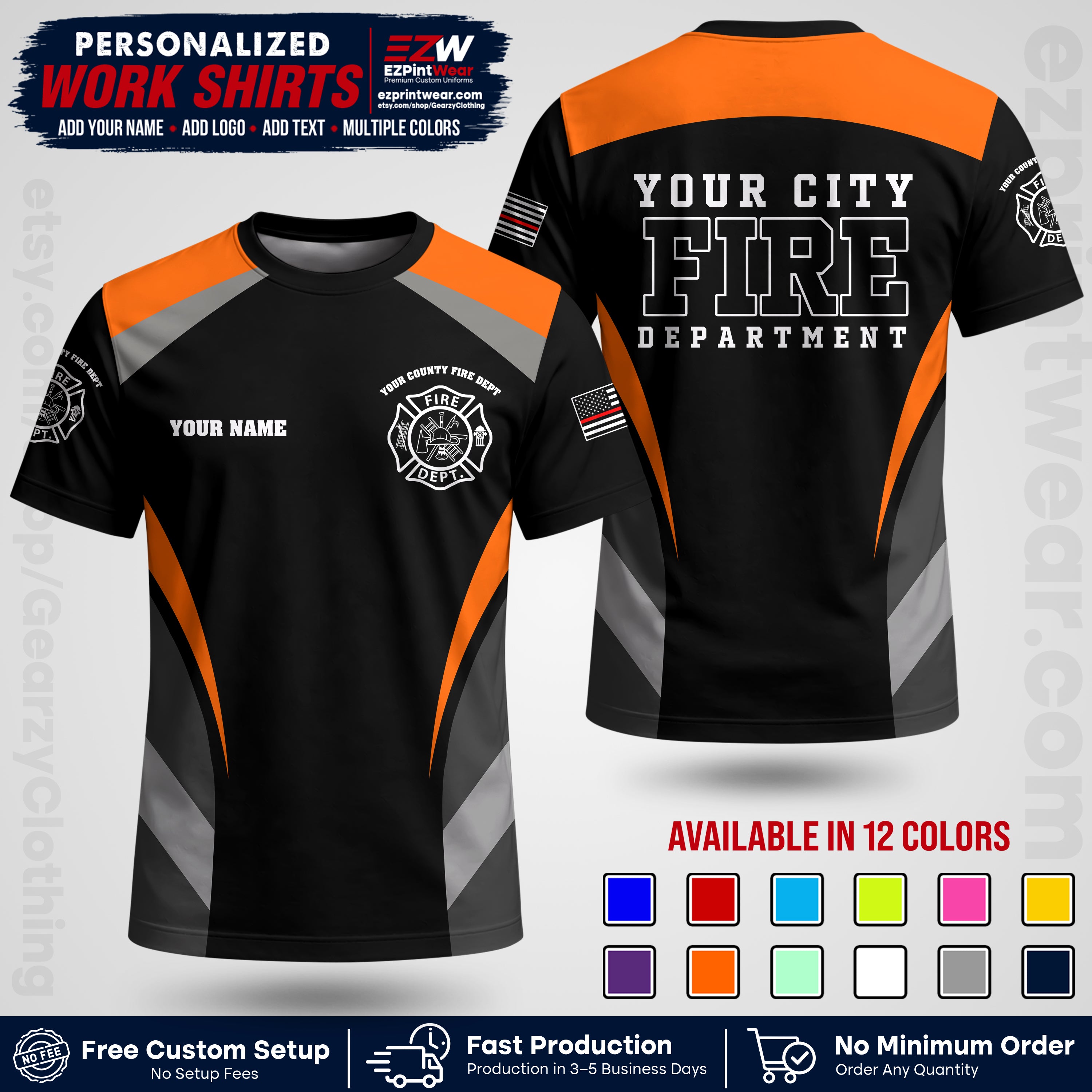 Custom Fire Department Shirt with Name, City Logo & Text | Firefighter Uniform | Button Up Work Shirt FF02