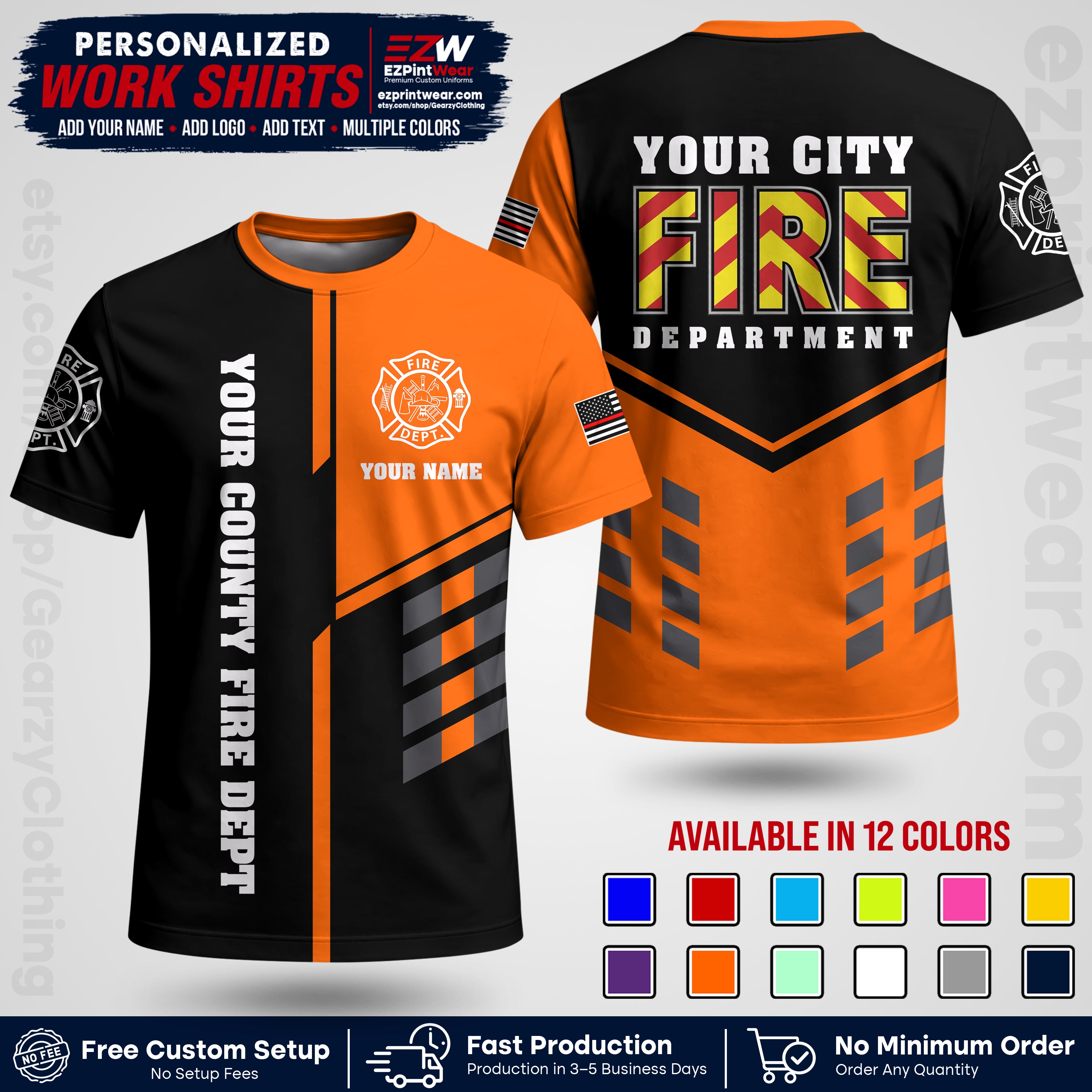 Custom Fire Department Shirt with Name, City Logo & Text | Firefighter Uniform | Button Up Work Shirt FF06