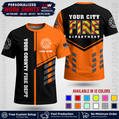 Custom Fire Department Shirt with Name, City Logo & Text | Firefighter Uniform | Button Up Work Shirt FF06