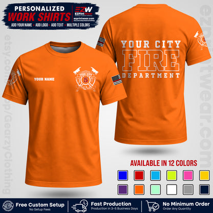 Custom Fire Department Shirt with Name, City Logo & Text | Firefighter Uniform | Button Up Work Shirt FF07