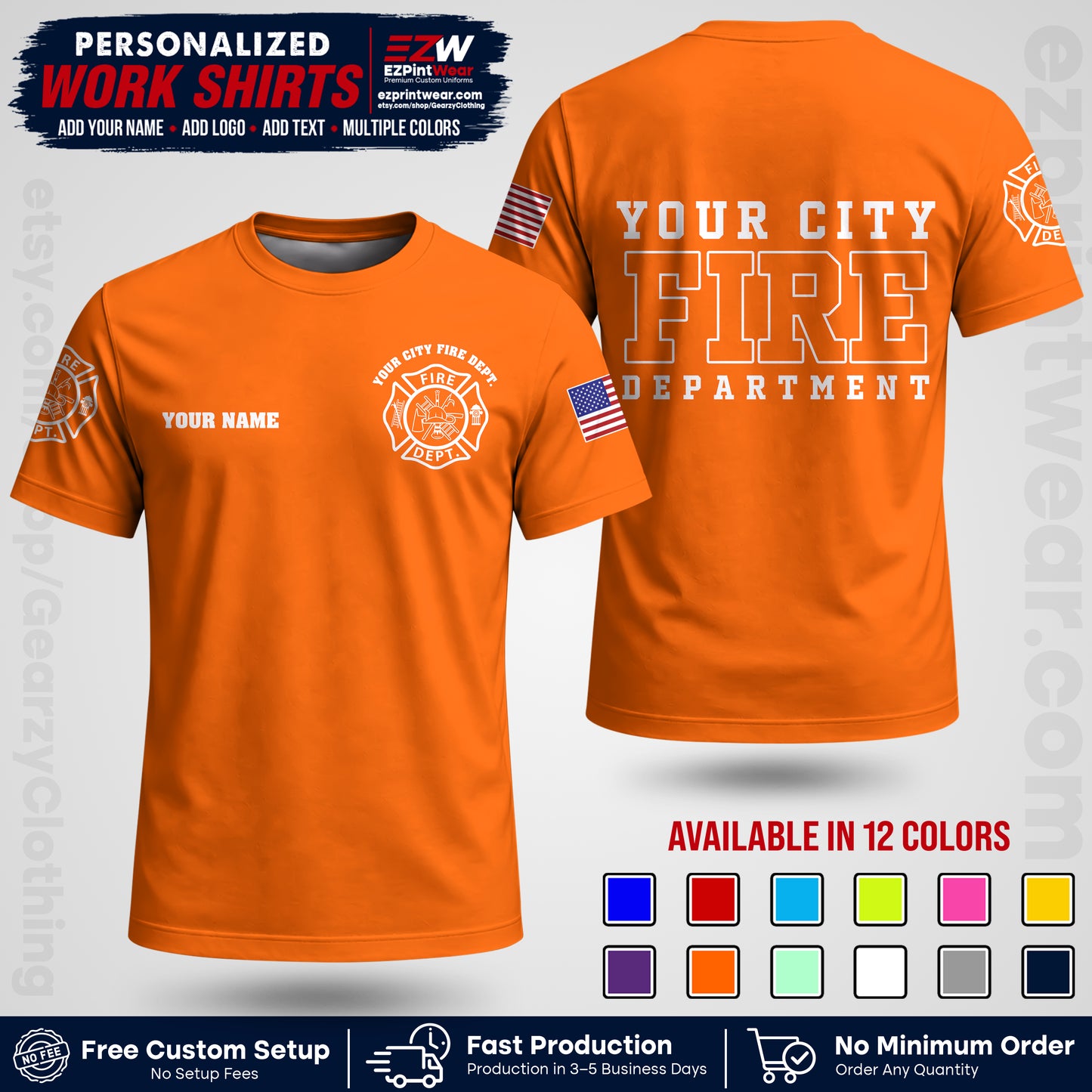 Custom Fire Department Shirt with Name, City Logo & Text | Firefighter Uniform | Button Up Work Shirt FF01